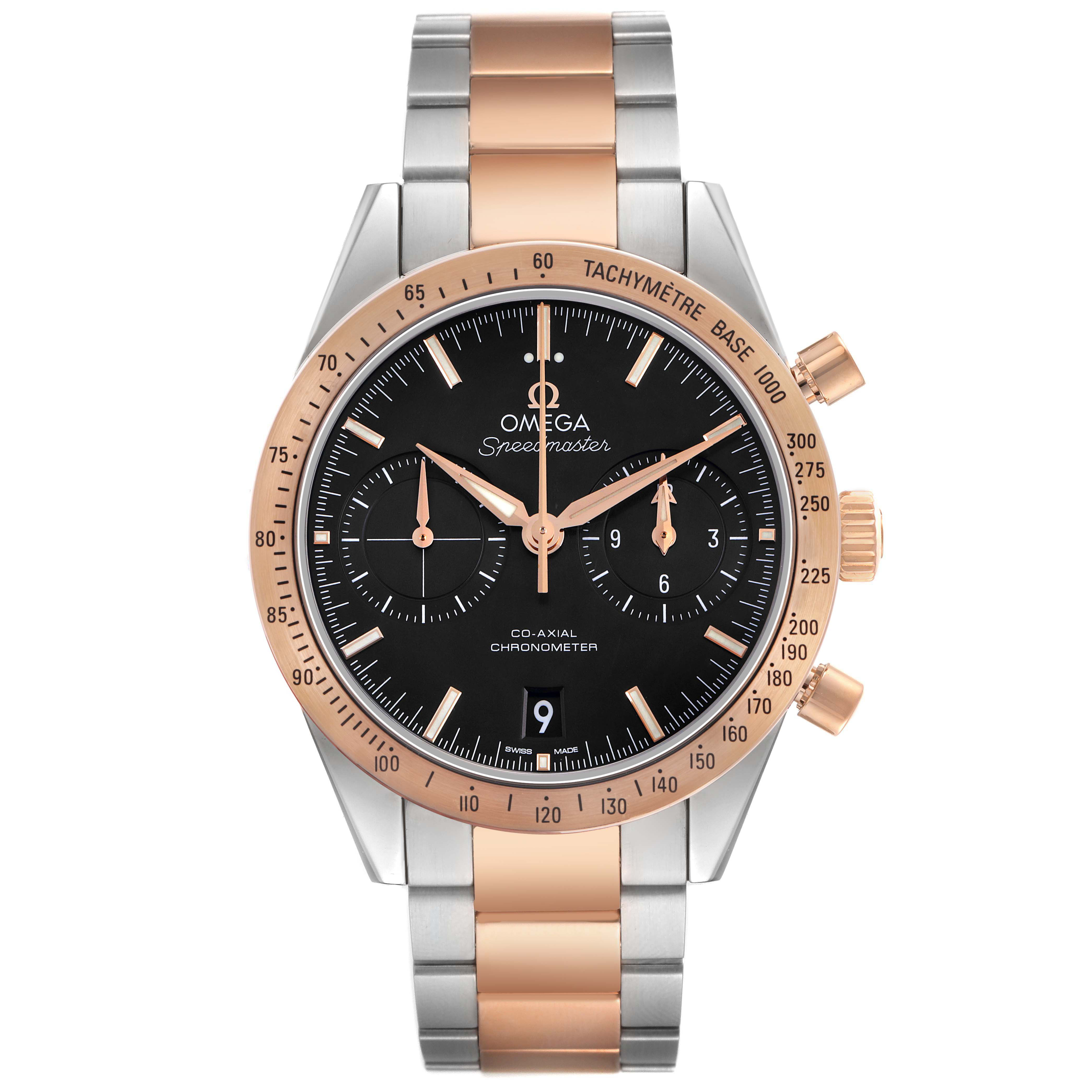 The Omega Speedmaster 331.20.42.51.01.002 Men's Rose Gold Black Dial is shown from the front, highlighting the dial, bezel, and bracelet.