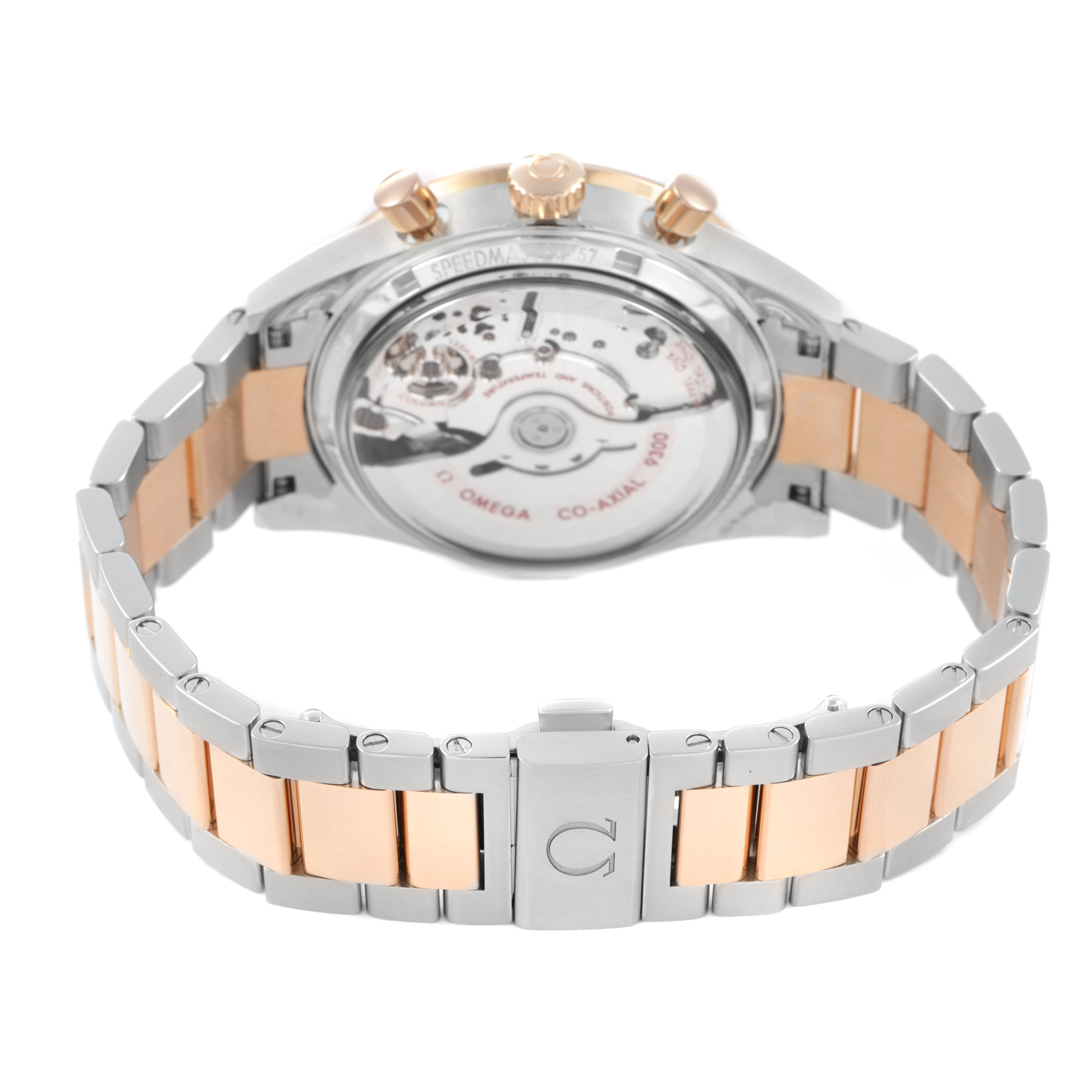 The Omega Speedmaster 331.20.42.51.01.002 Men's Rose Gold Black Dial watch is shown from the back, displaying its transparent case back and rose gold and silver bracelet.