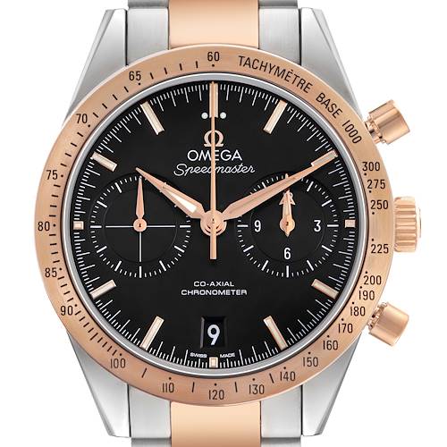 The Omega Speedmaster 331.20.42.51.01.002 Men's Rose Gold Black Dial watch is shown from the front, displaying the face, bezel, and part of the bracelet.