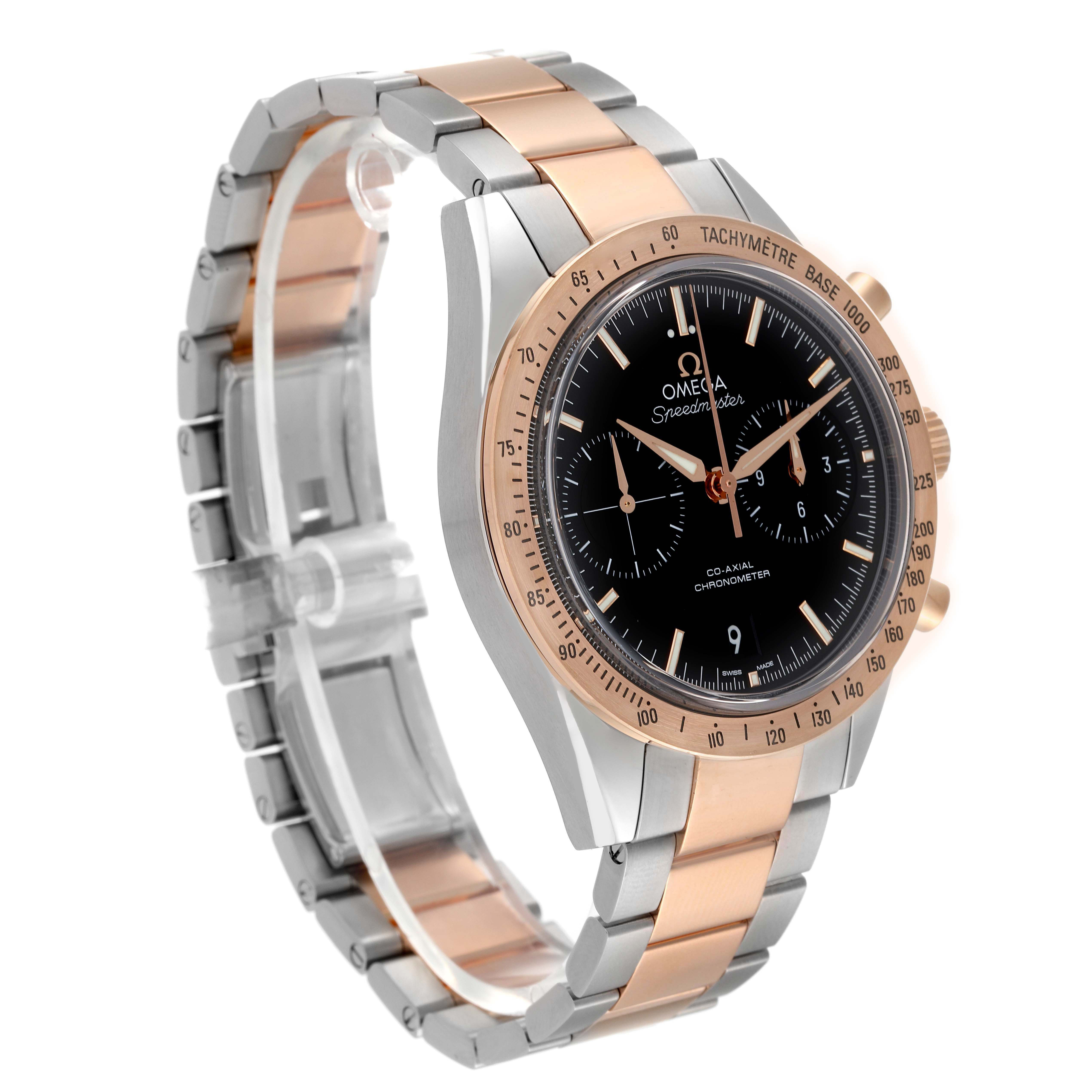 The Omega Speedmaster 331.20.42.51.01.002 Men's Rose Gold Black Dial watch is shown at a three-quarter angle, highlighting its black dial and two-tone metal bracelet.
