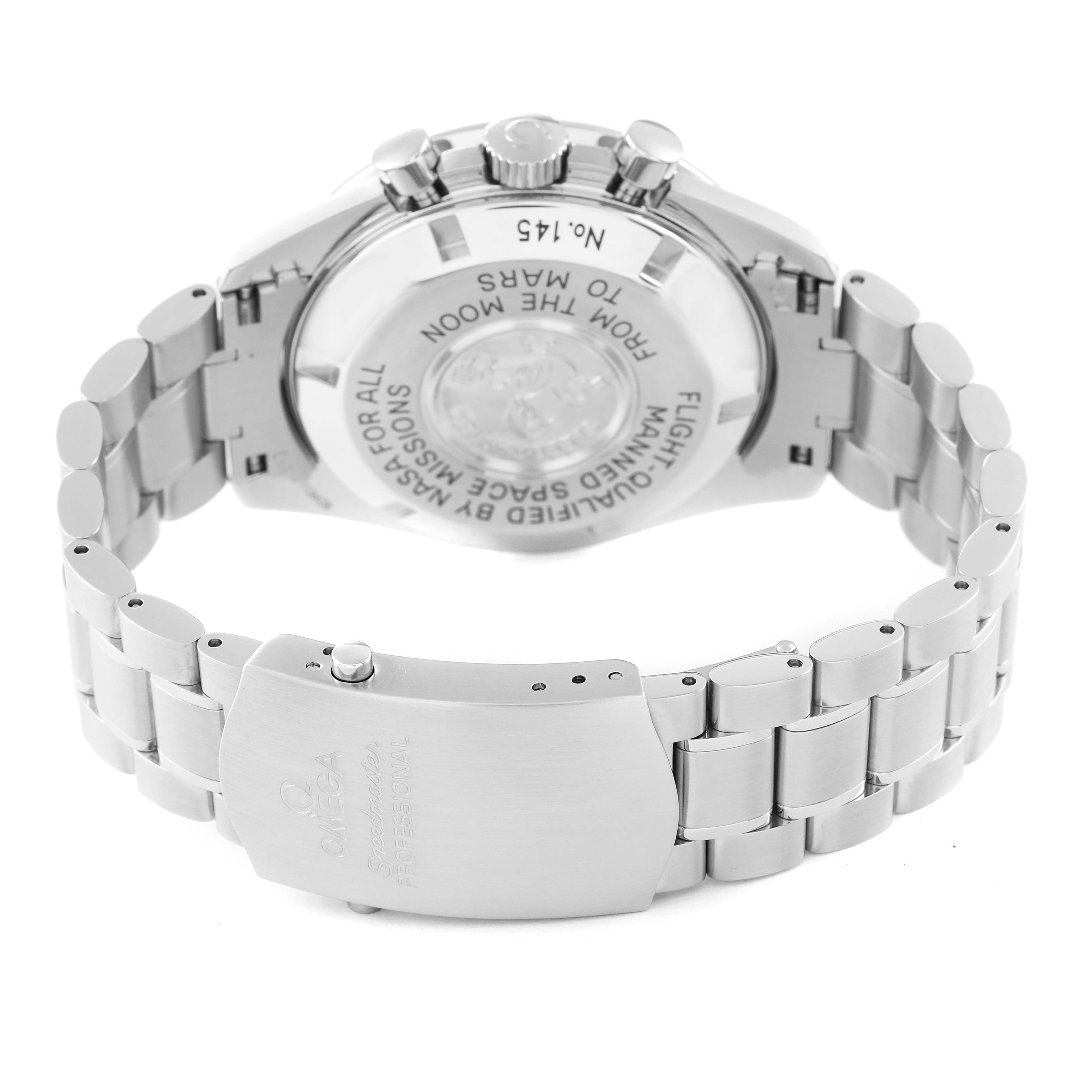 This image shows the back view of an Omega Speedmaster 3577.50.00 Men's Stainless Steel Black Dial 3577.50.00 Men's Stainless Steel Black Dial watch, highlighting its stainless steel bracelet and clasp.