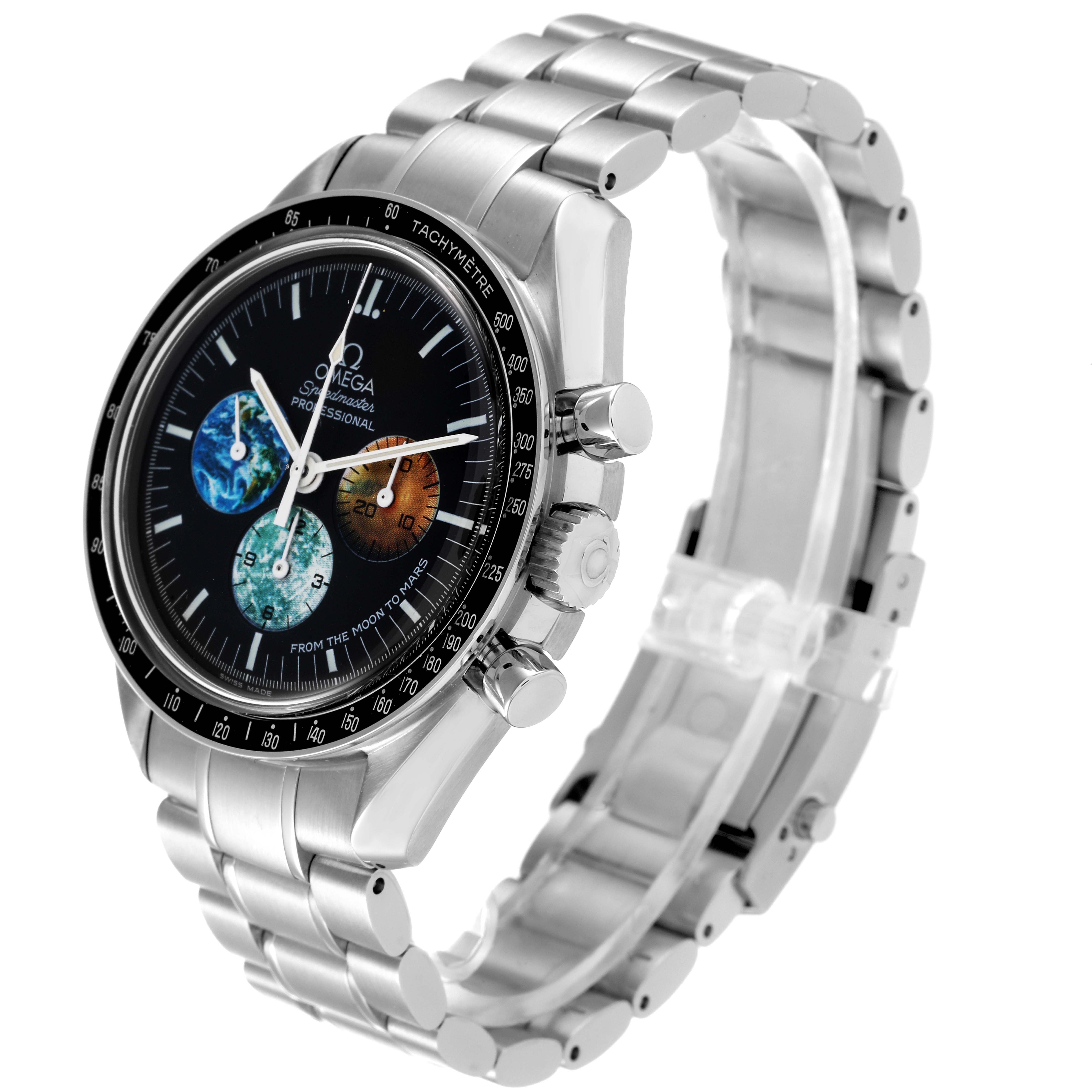The image shows the Omega Speedmaster 3577.50.00 Men's Stainless Steel Black Dial 3577.50.00 Men's Stainless Steel Black Dial watch from a three-quarter angle, highlighting its face, bezel, crown, pushers, and bracelet.