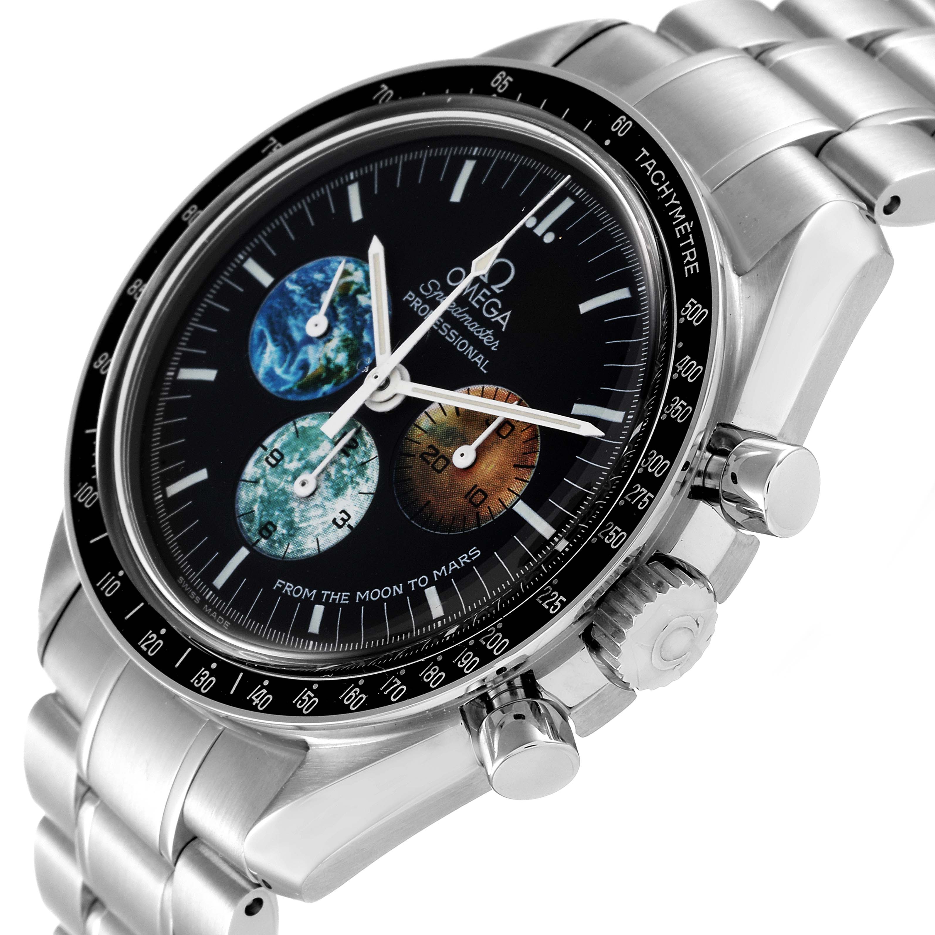 The Omega Speedmaster 3577.50.00 Men's Stainless Steel Black Dial 3577.50.00 Men's Stainless Steel Black Dial watch is shown at an angle highlighting the face, crown, and buttons on a metal bracelet.