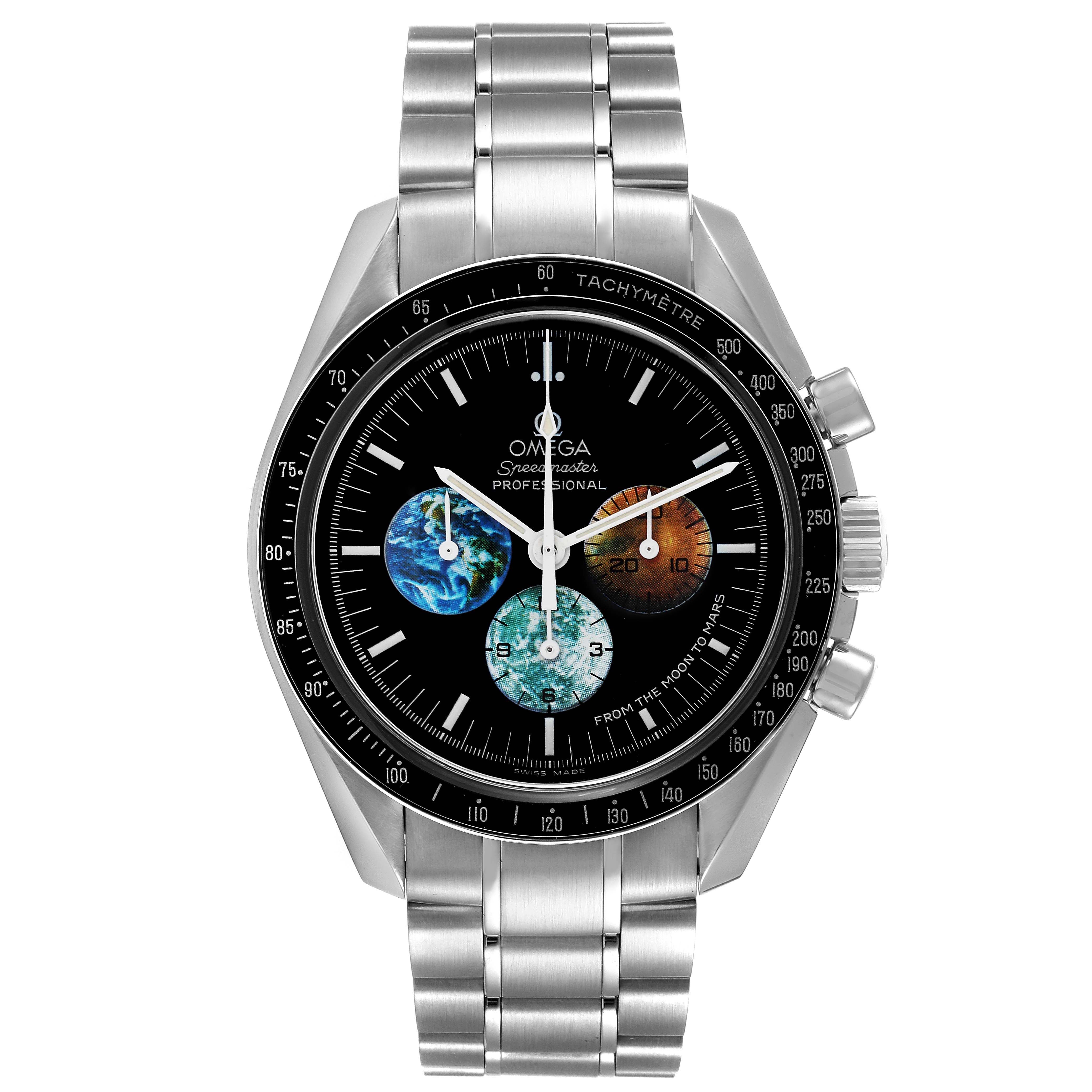 This Omega Speedmaster 3577.50.00 Men's Stainless Steel Black Dial 3577.50.00 Men's Stainless Steel Black Dial model is shown from a front angle, displaying the dial, bracelet, and pushers.