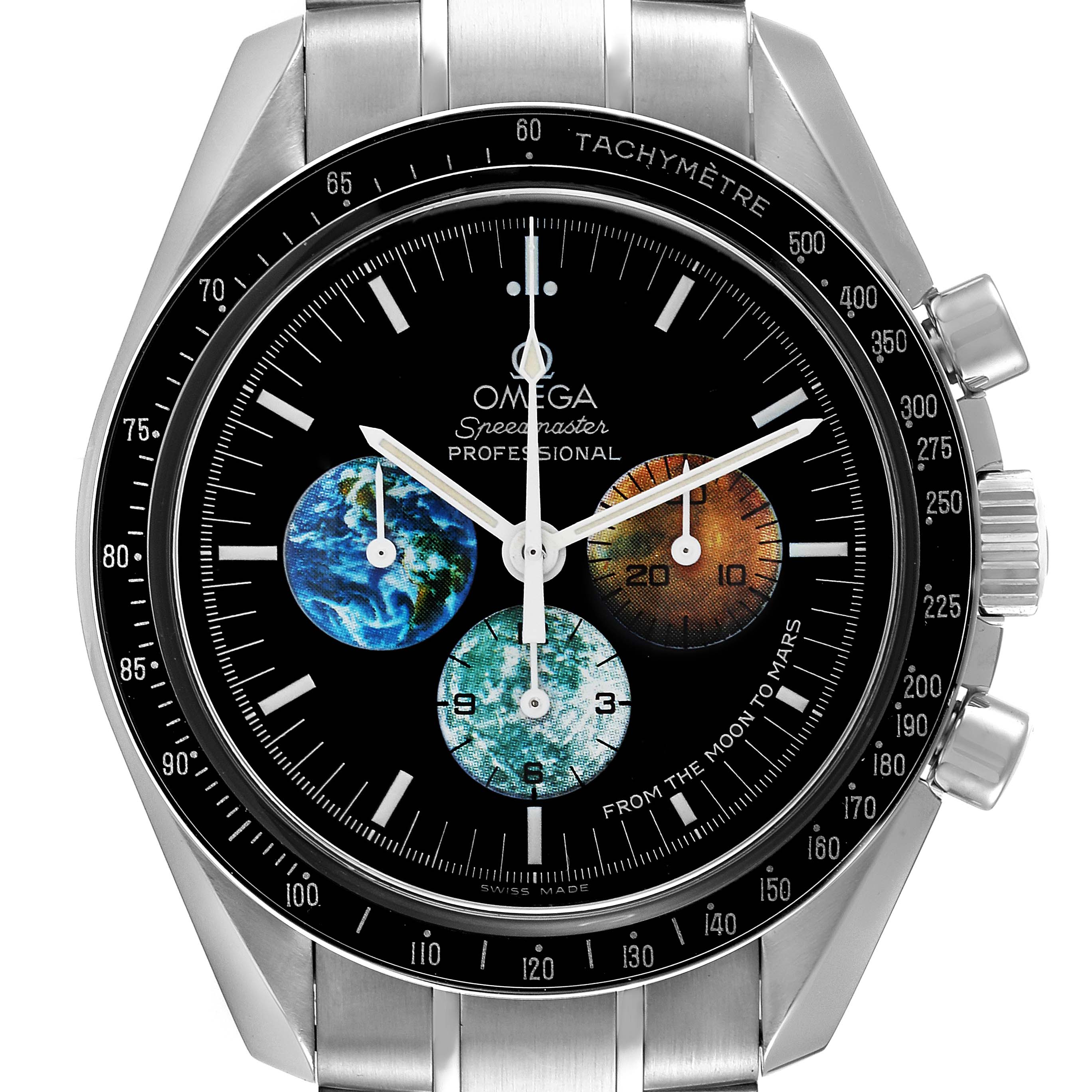 The image shows a frontal view of an Omega Speedmaster 3577.50.00 Men's Stainless Steel Black Dial 3577.50.00 Men's Stainless Steel Black Dial Professional watch, highlighting the dial, bezel, and pushers.