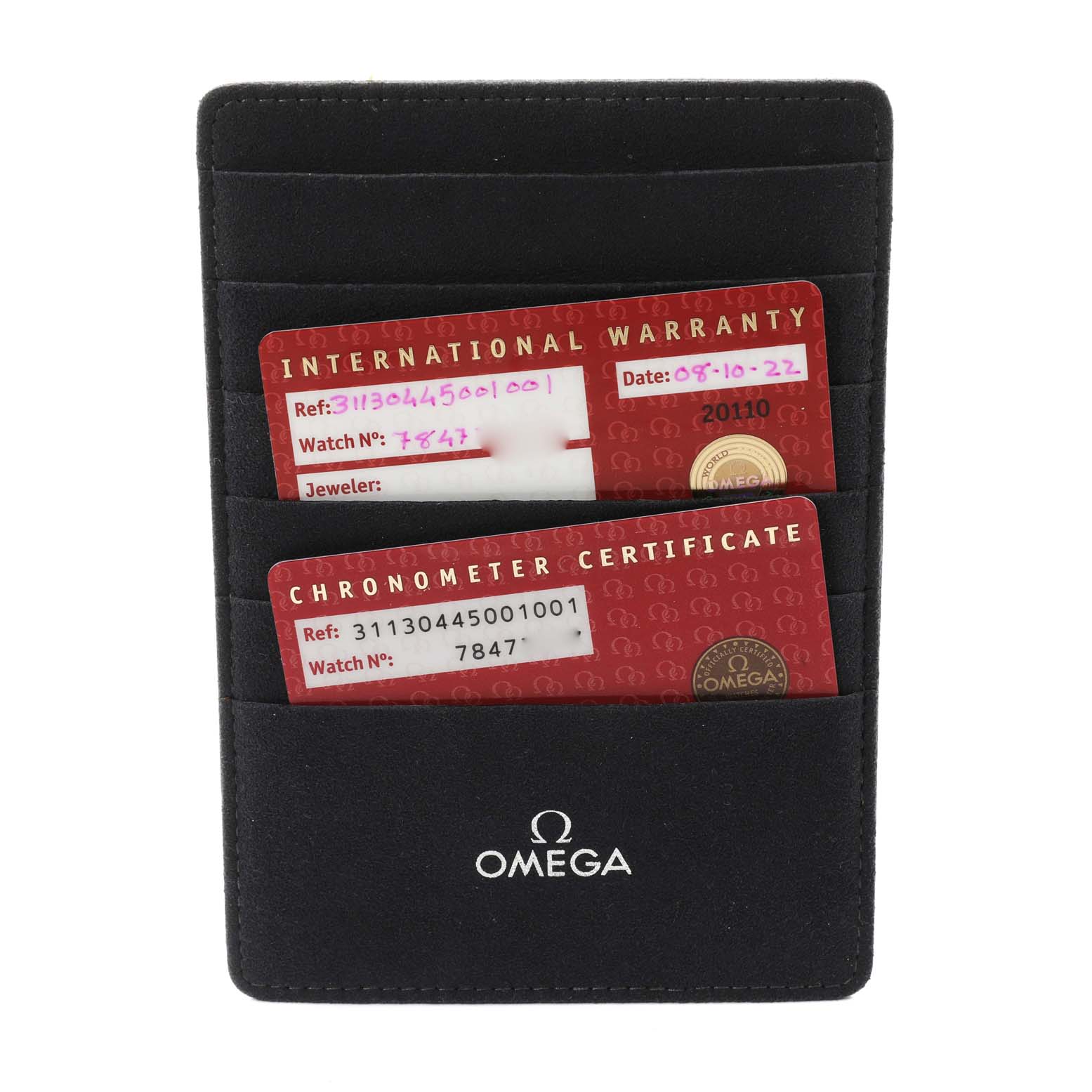 The image shows an Omega Speedmaster 311.30.44.50.01.001 Men's Stainless Steel Black Dial 311.30.44.50.01.001 Men's Stainless Steel Black Dial's International Warranty and Chronometer Certificate cards in a black Omega cardholder.