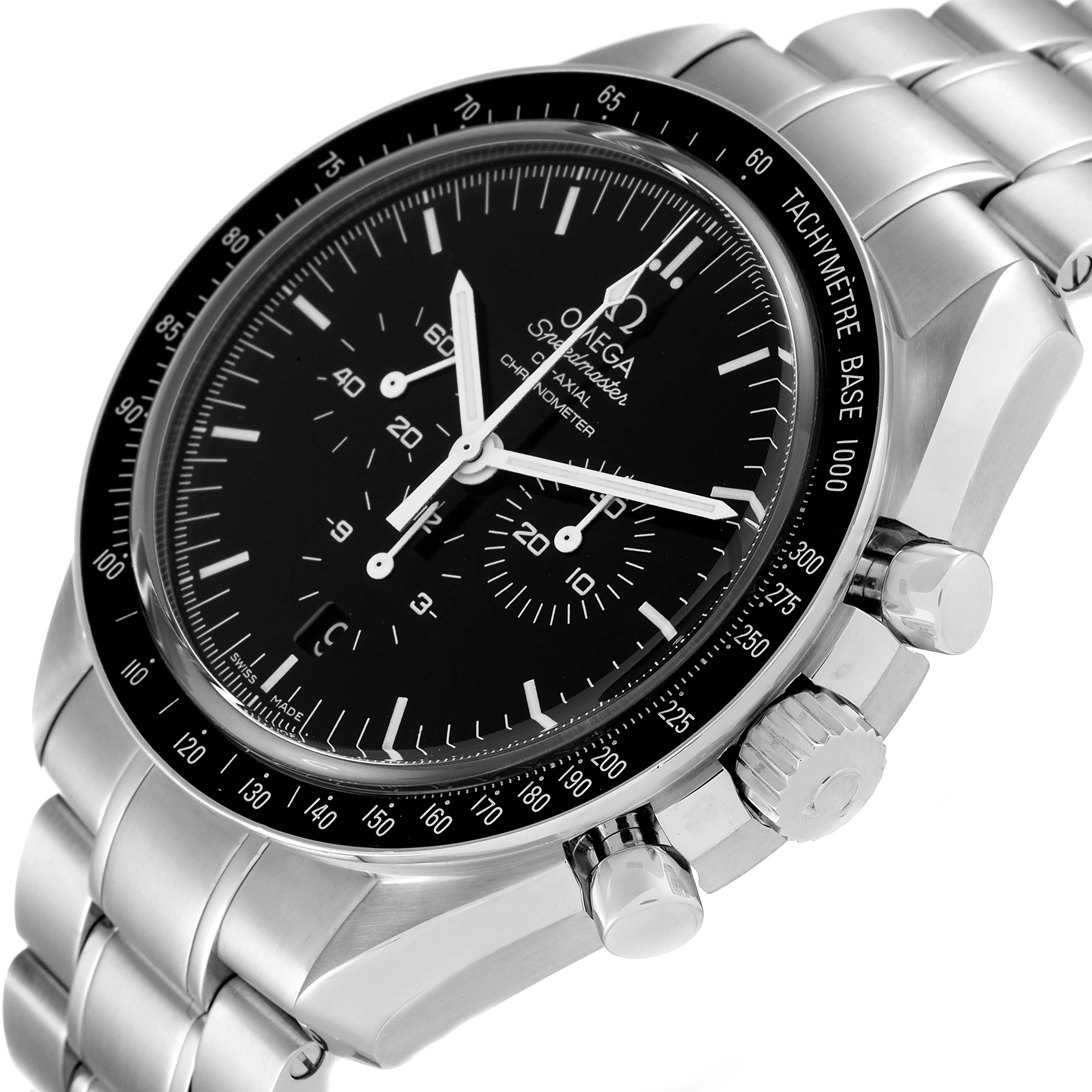 The image shows an angled view of an Omega Speedmaster 311.30.44.50.01.001 Men's Stainless Steel Black Dial 311.30.44.50.01.001 Men's Stainless Steel Black Dial, highlighting its black dial, tachymeter bezel, and stainless steel bracelet.