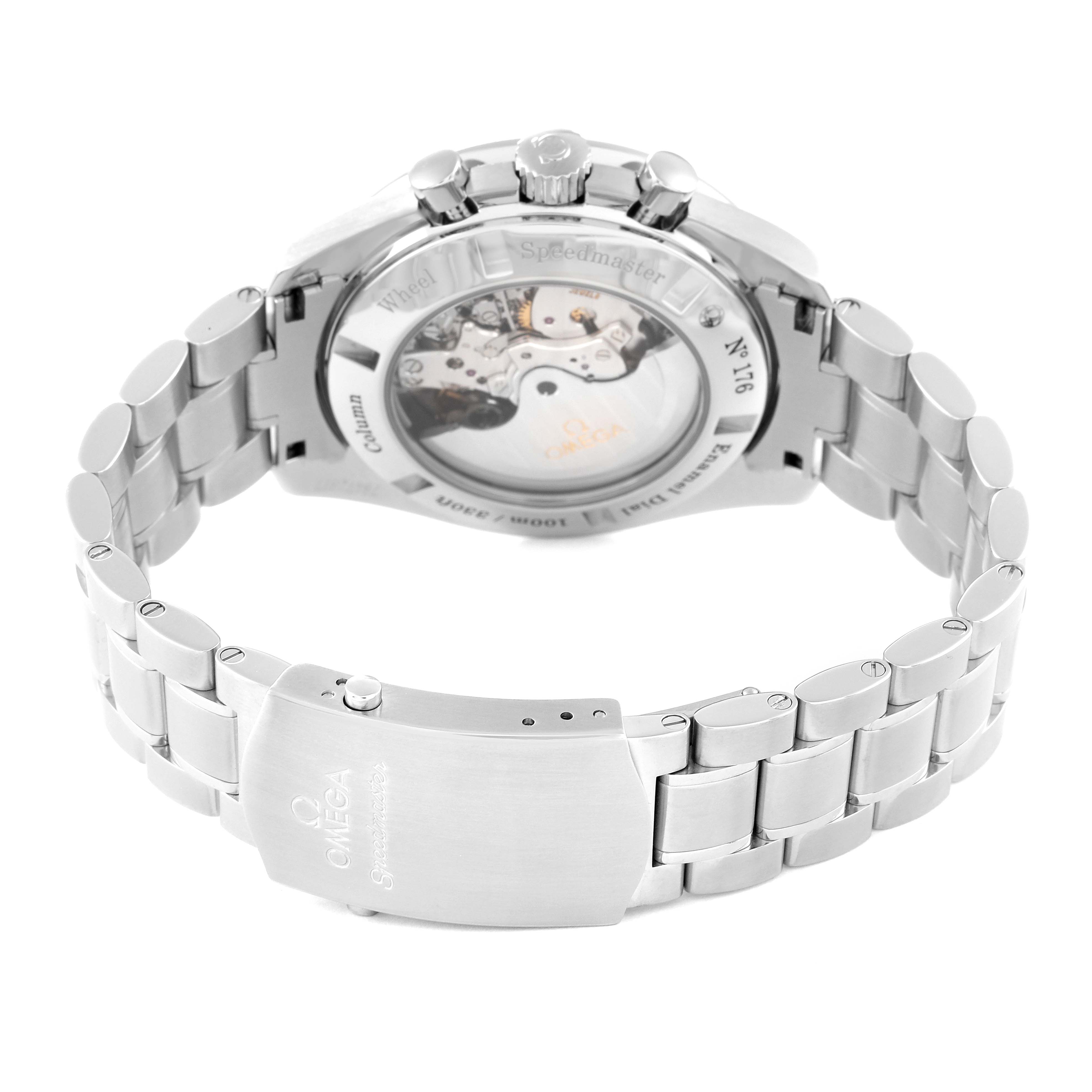 The image shows the back of an Omega Speedmaster 311.30.44.50.01.001 Men's Stainless Steel Black Dial 311.30.44.50.01.001 Men's Stainless Steel Black Dial watch, highlighting the case back and metal bracelet with clasp.