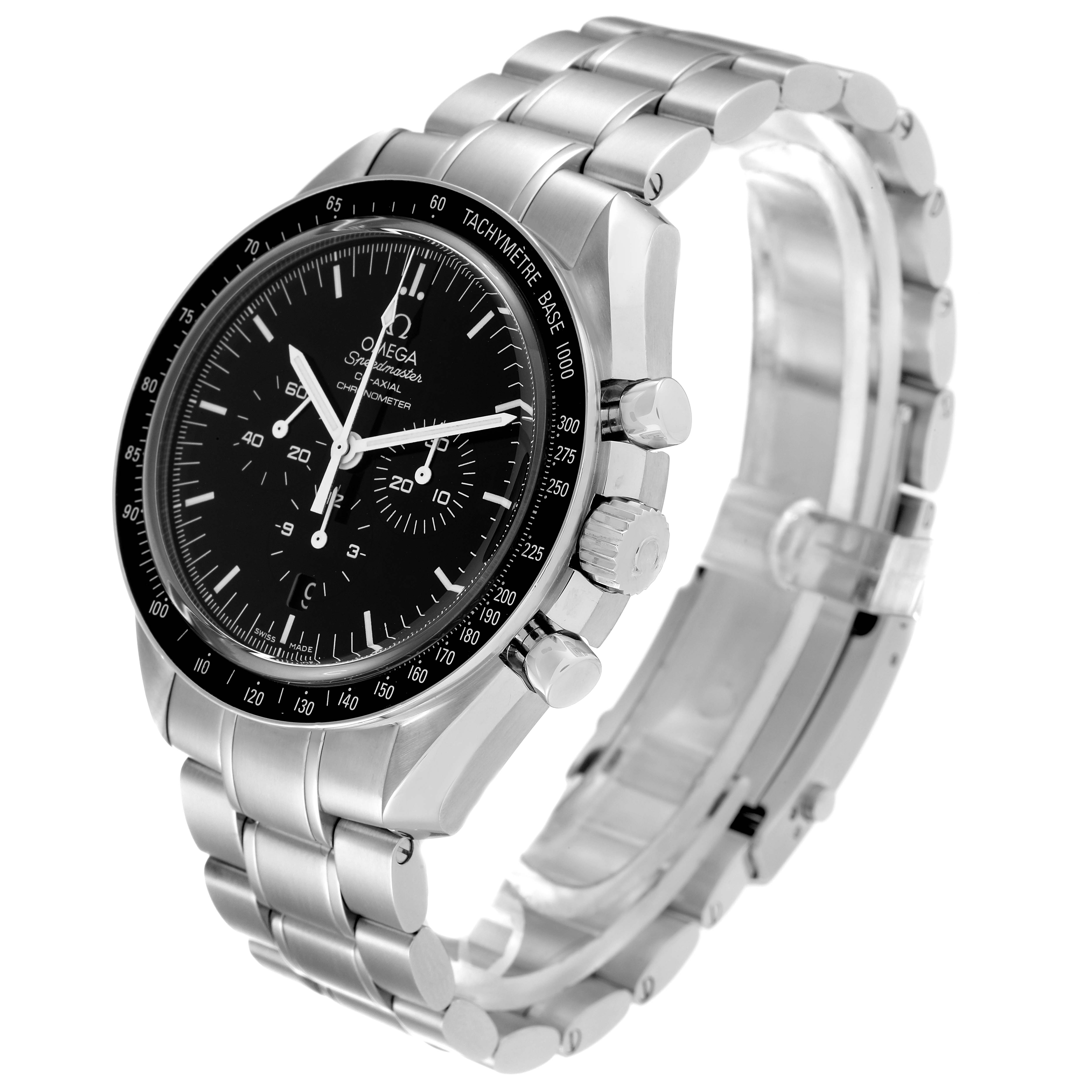 The Omega Speedmaster 311.30.44.50.01.001 Men's Stainless Steel Black Dial 311.30.44.50.01.001 Men's Stainless Steel Black Dial watch is shown at a three-quarter angle, highlighting its stainless steel case, bracelet, crown, and pushers.