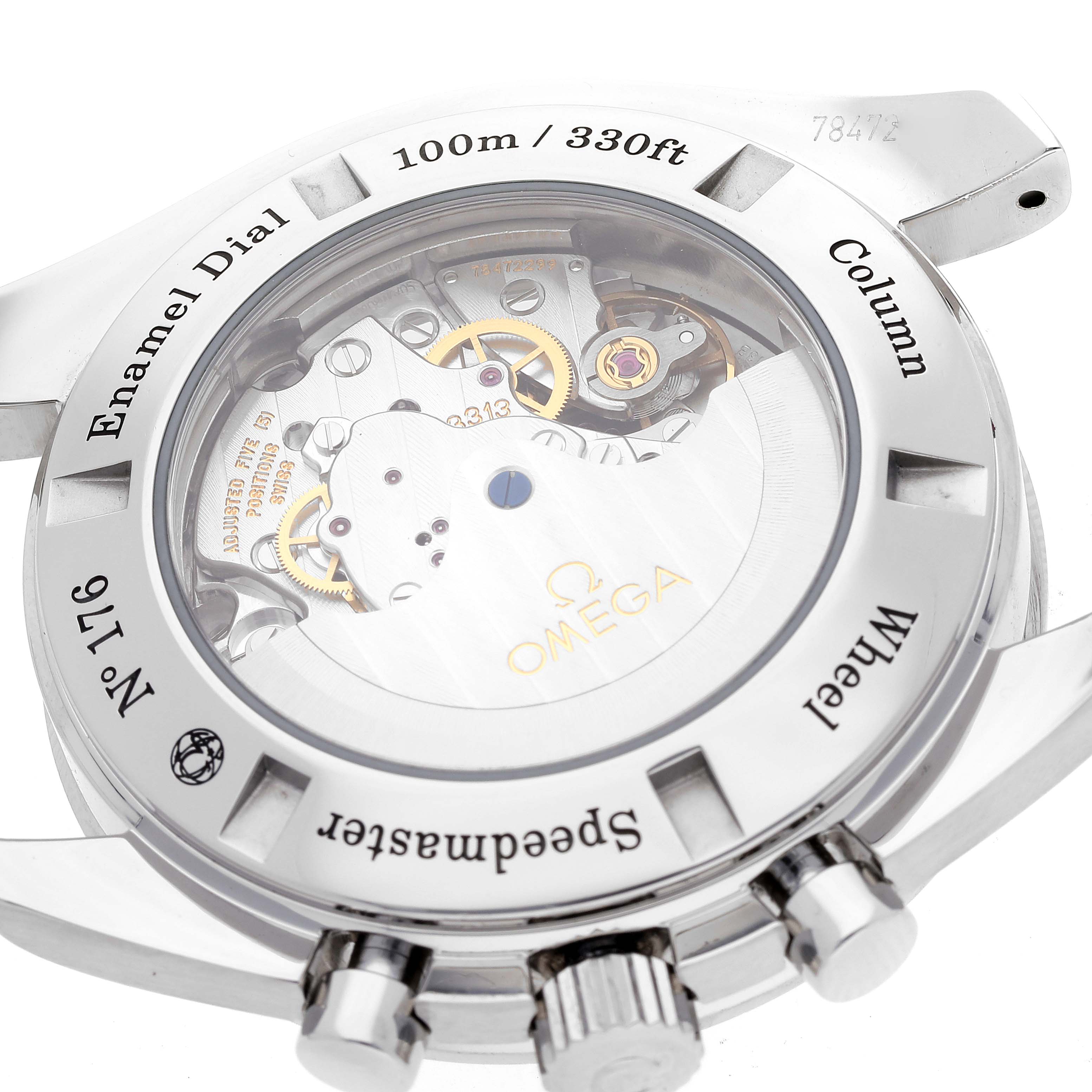 The image shows the back view of an Omega Speedmaster 311.30.44.50.01.001 Men's Stainless Steel Black Dial 311.30.44.50.01.001 Men's Stainless Steel Black Dial watch, highlighting its exposed movement and mechanical components.