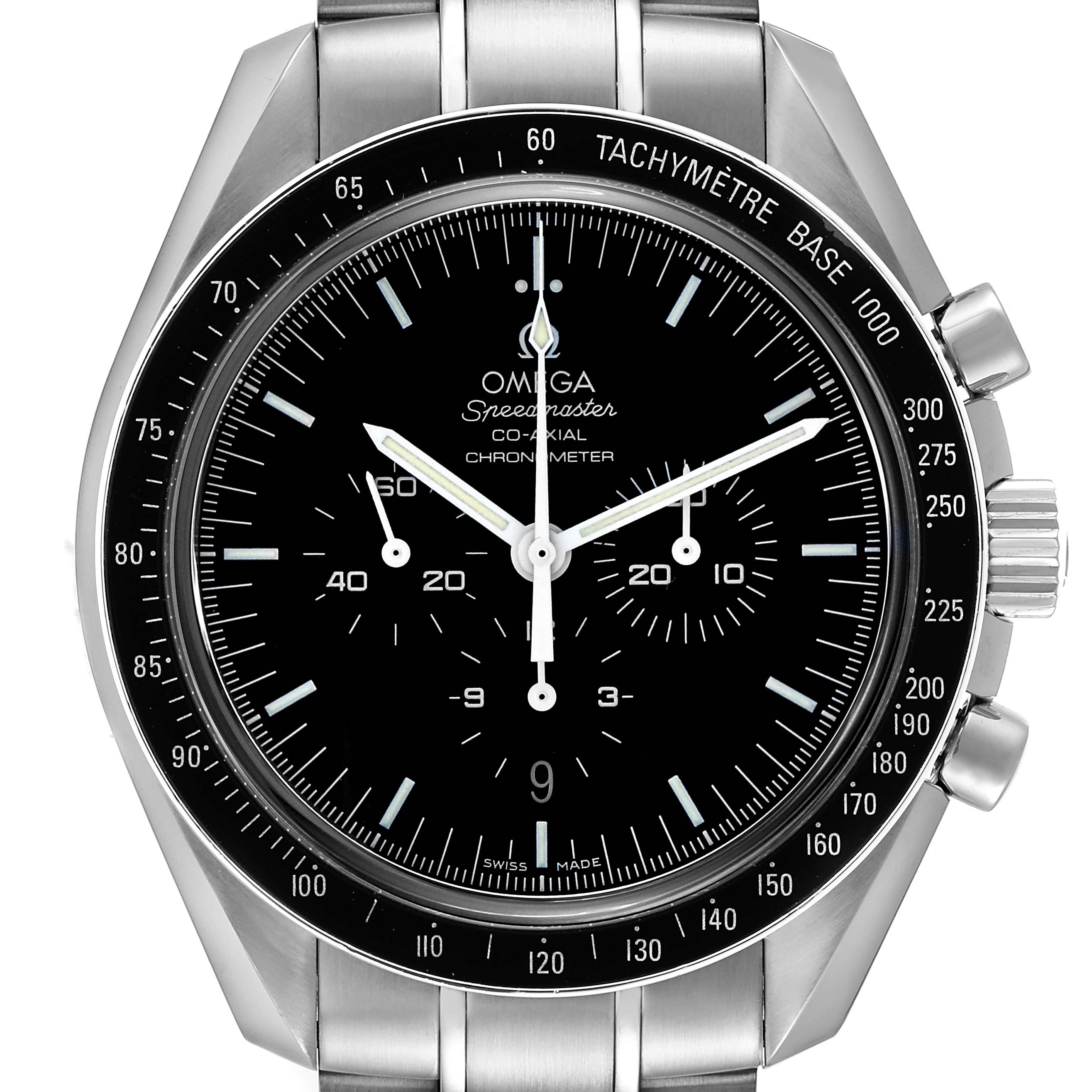 The image shows a front view of an Omega Speedmaster 311.30.44.50.01.001 Men's Stainless Steel Black Dial 311.30.44.50.01.001 Men's Stainless Steel Black Dial watch, including the dial, tachymeter bezel, and part of the bracelet.