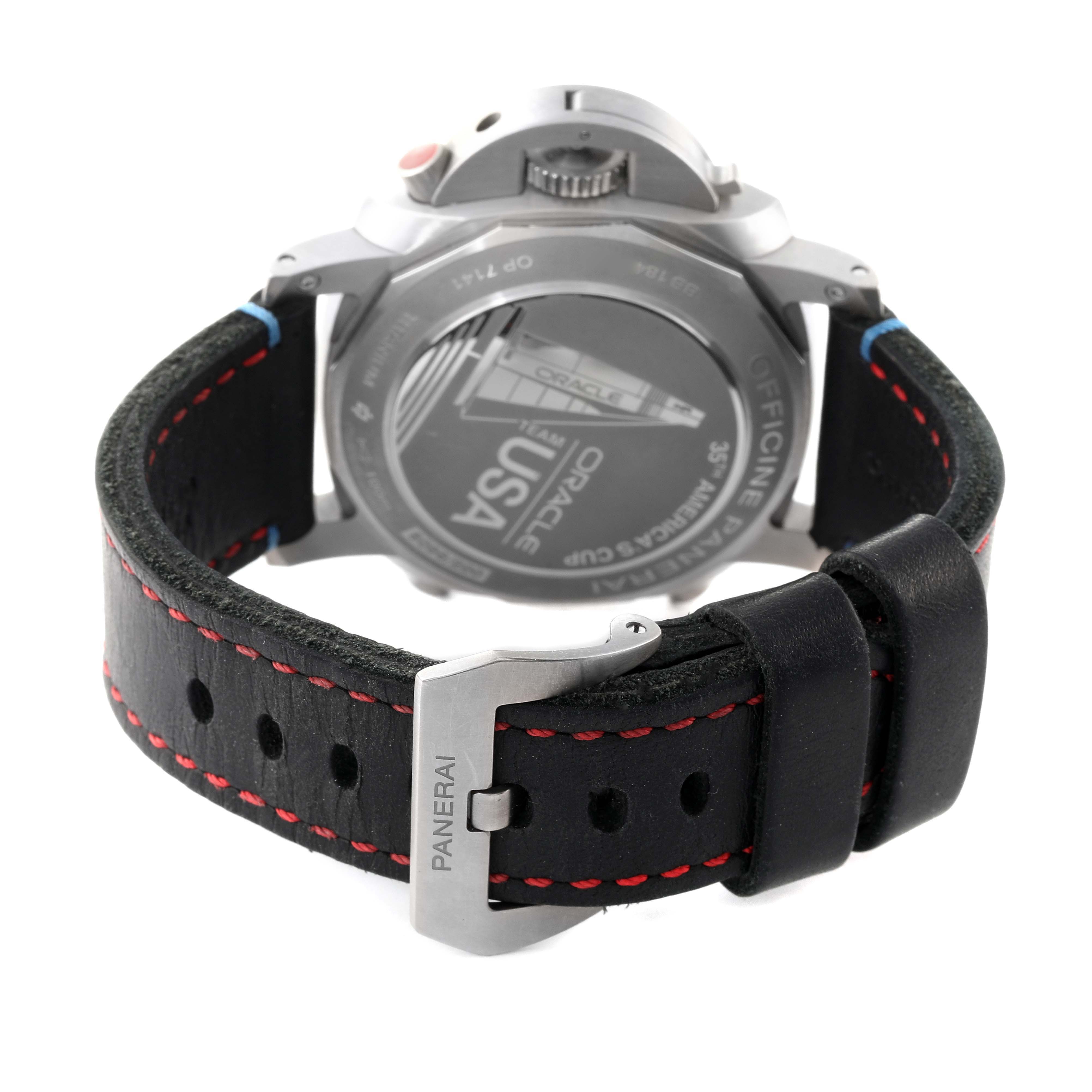 The image shows the back case and leather strap of a Panerai Luminor PAM00726 Men's Titanium Black Dial PAM00726 Men's Titanium Black Dial watch from a rear angle.