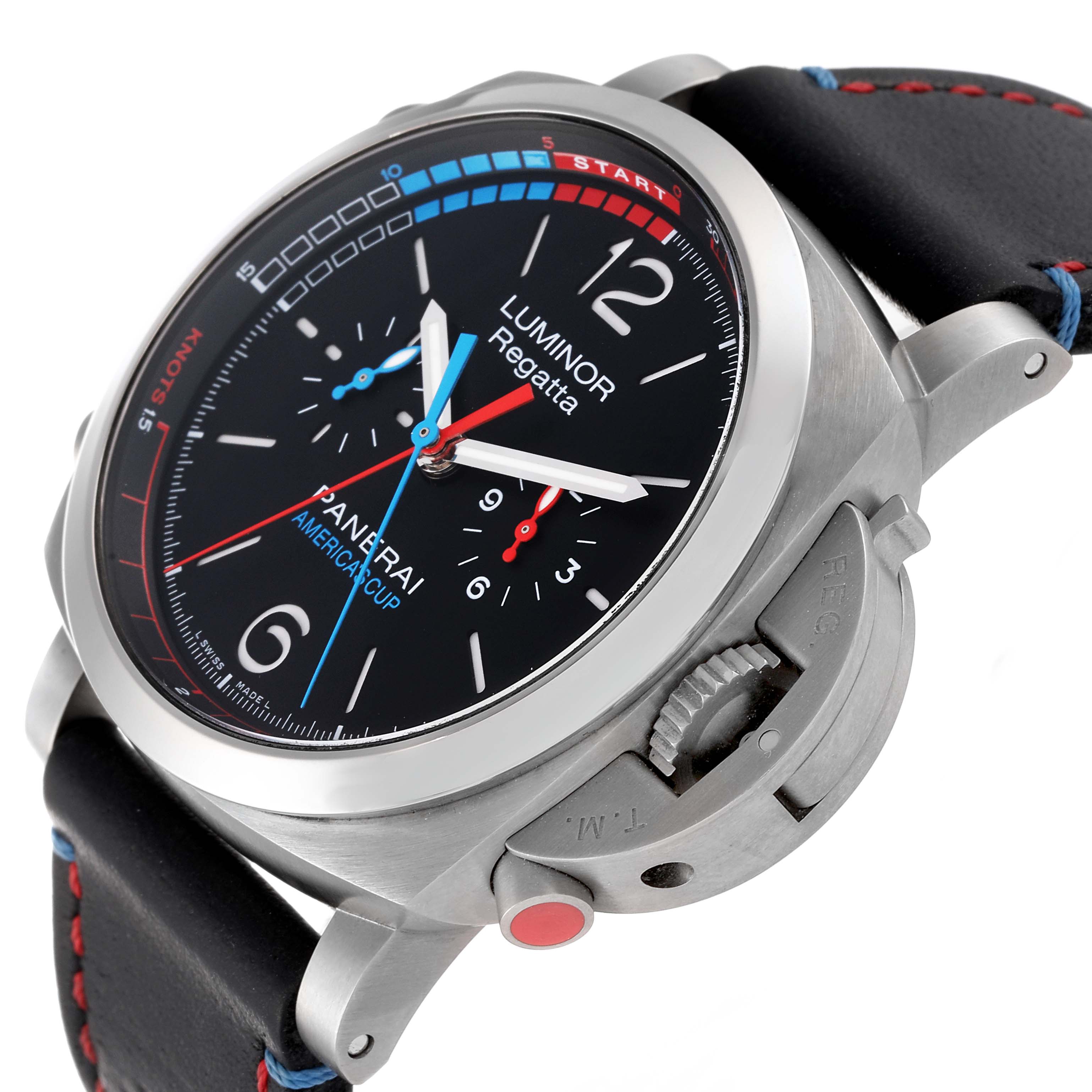 The image shows a Panerai Luminor PAM00726 Men's Titanium Black Dial PAM00726 Men's Titanium Black Dial Regatta watch at a three-quarter angle highlighting its crown, bezel, and strap.