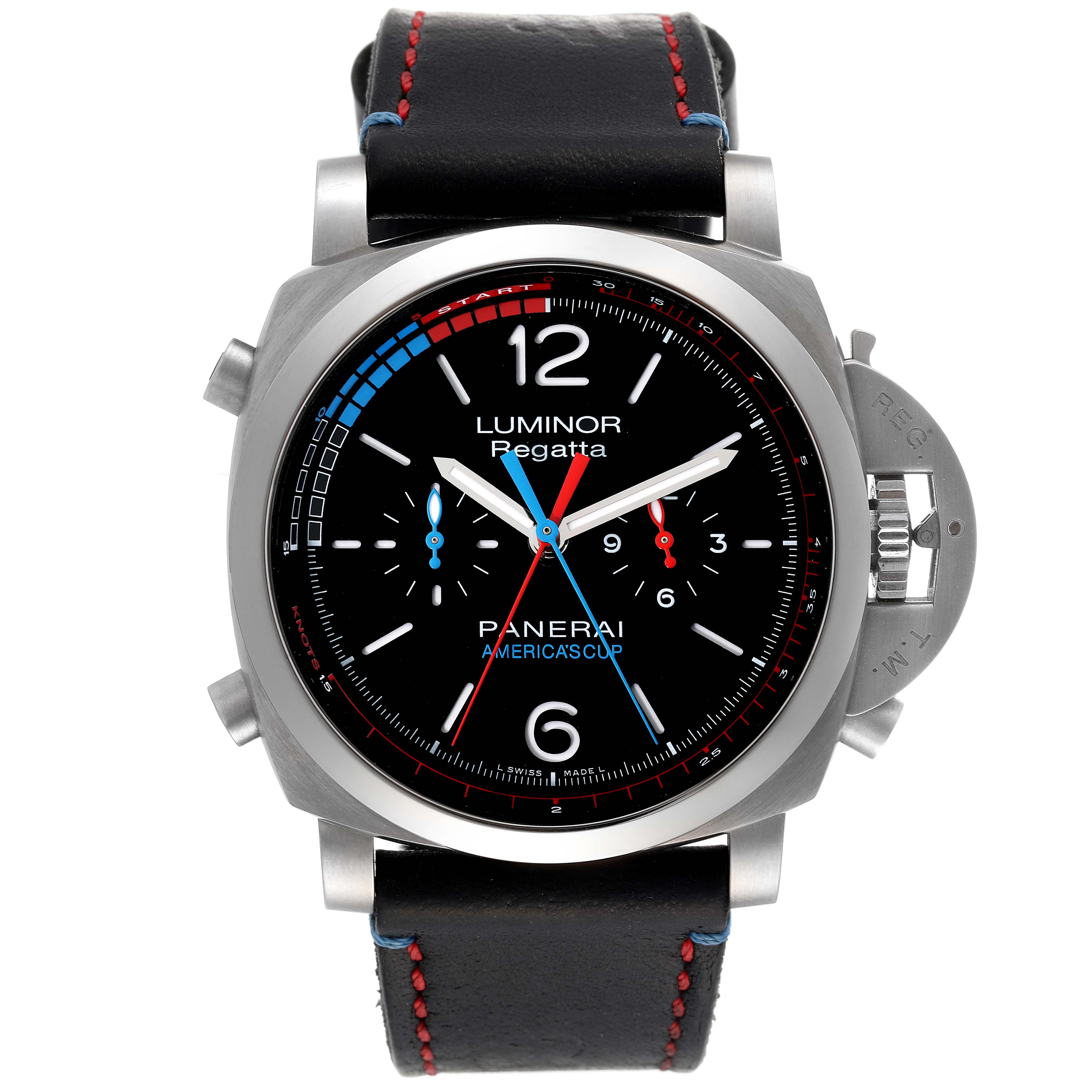 This is a frontal view of a Panerai Luminor PAM00726 Men's Titanium Black Dial PAM00726 Men's Titanium Black Dial Regatta watch, displaying its dial, case, crown, and leather strap.