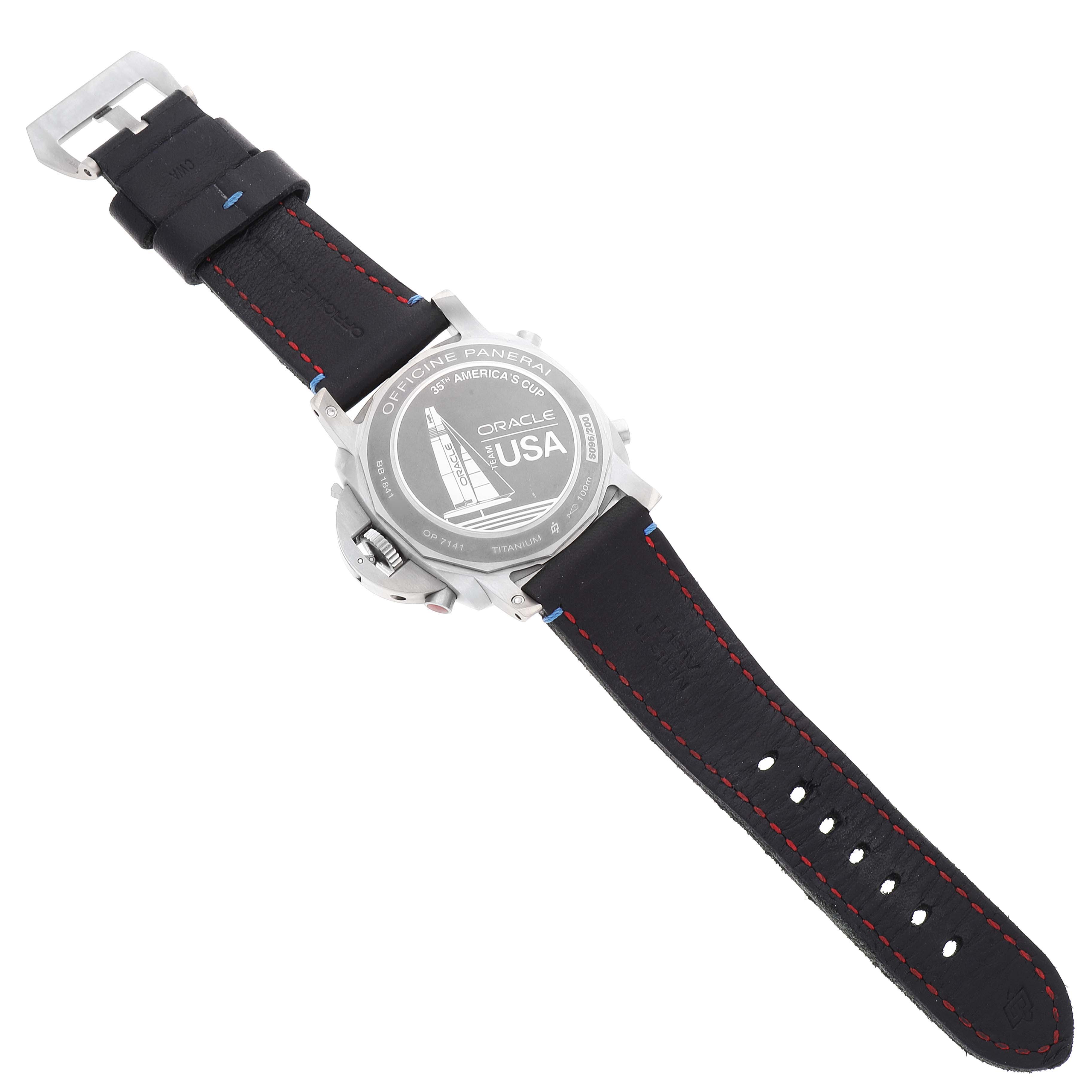 The image shows the back view of a Panerai Luminor PAM00726 Men's Titanium Black Dial PAM00726 Men's Titanium Black Dial watch, including the case back and the leather strap.