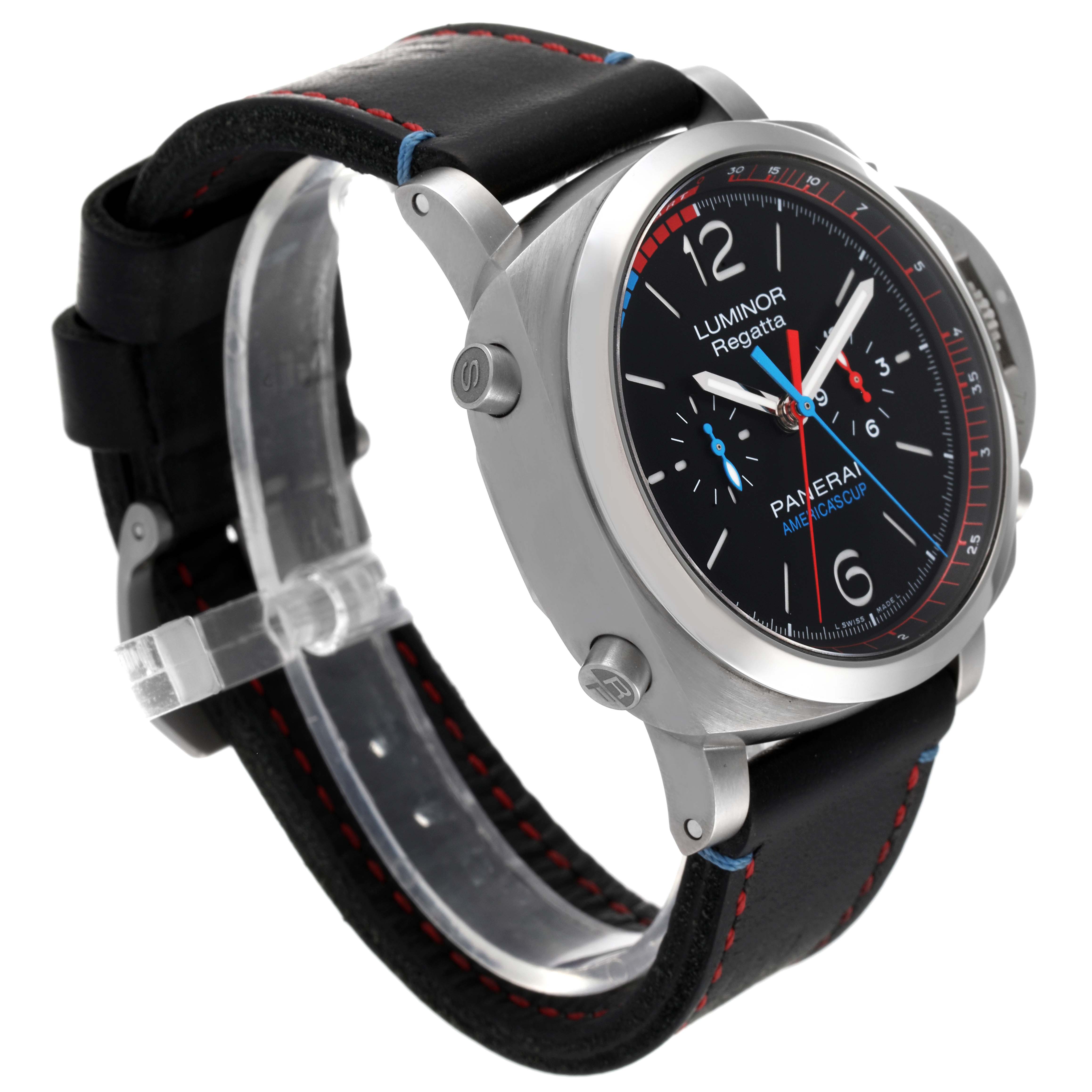 The image shows a Panerai Luminor PAM00726 Men's Titanium Black Dial PAM00726 Men's Titanium Black Dial Regatta watch at an angle showing the face, case, and partially the strap.