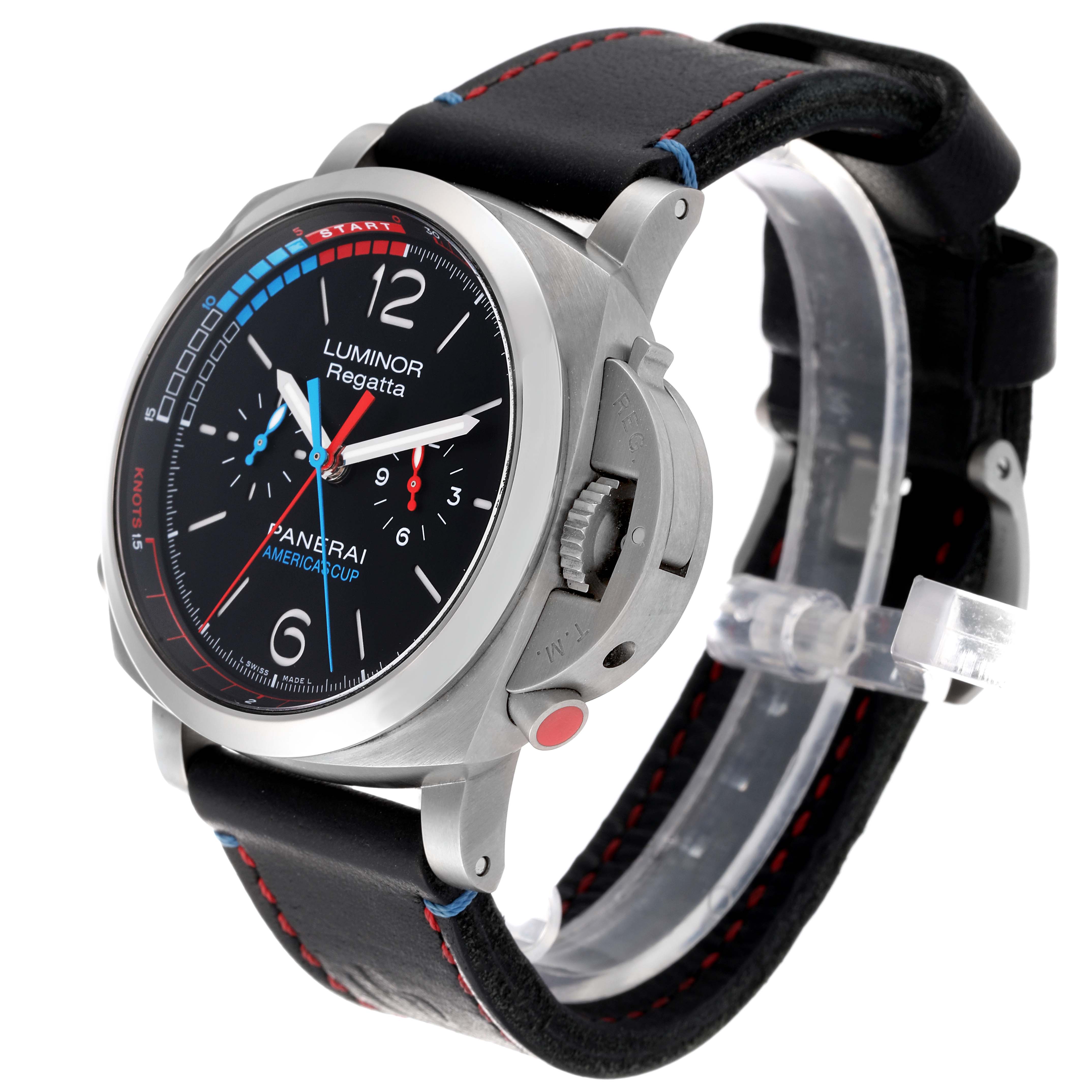 This image depicts a Panerai Luminor PAM00726 Men's Titanium Black Dial PAM00726 Men's Titanium Black Dial model watch from a three-quarter angle, showing the face, bezel, and strap.