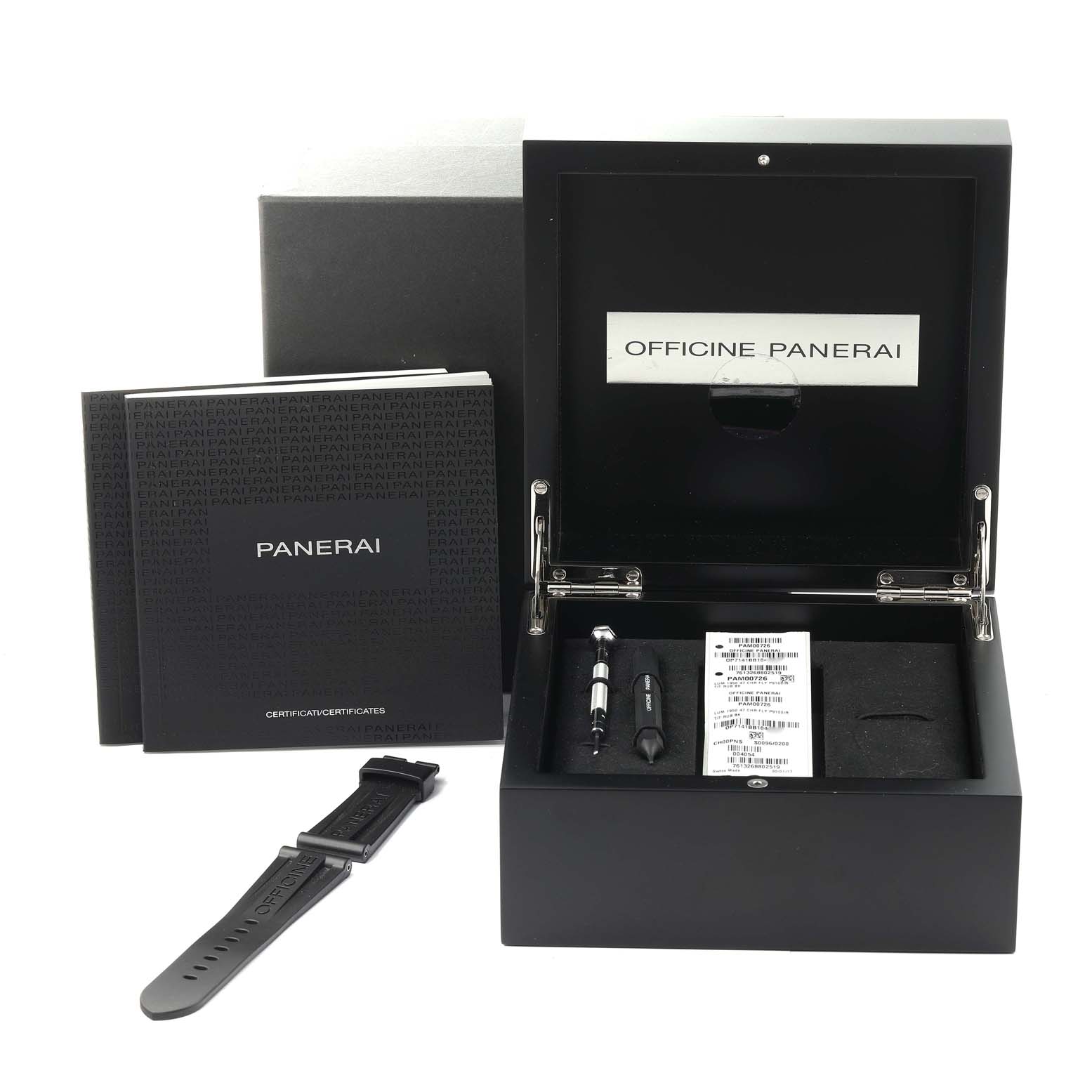 The image shows the packaging, a spare strap, tools, and documentation for the Panerai Luminor PAM00726 Men's Titanium Black Dial PAM00726 Men's Titanium Black Dial model watch.