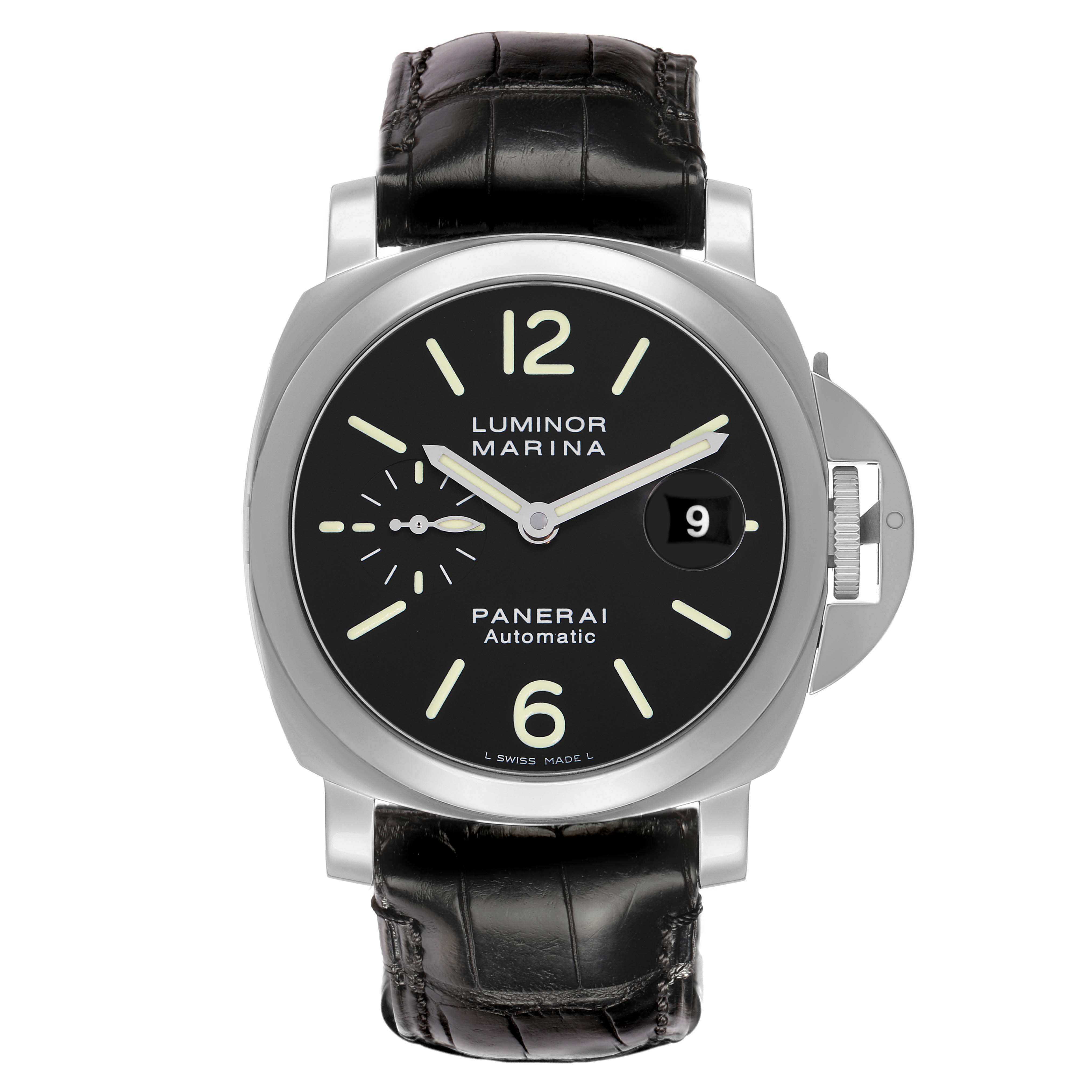 The Panerai Luminor PAM00104 Men
s Stainless Steel Black Dial watch is shown from the front, displaying the dial, date window, and crown guard.
