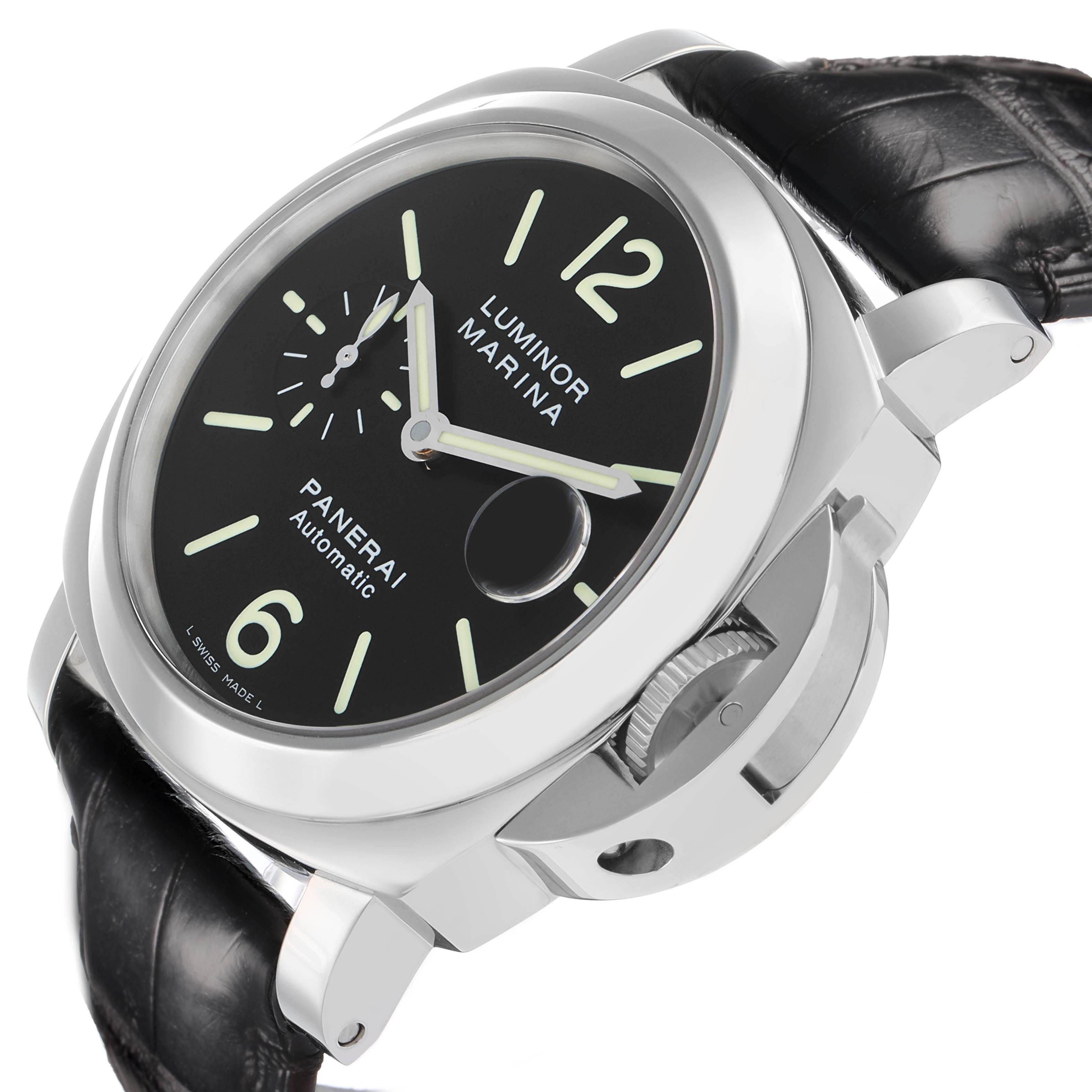 The Panerai Luminor PAM00104 Men
s Stainless Steel Black Dial watch is shown at a three-quarter angle, highlighting the face, crown guard, and leather strap.