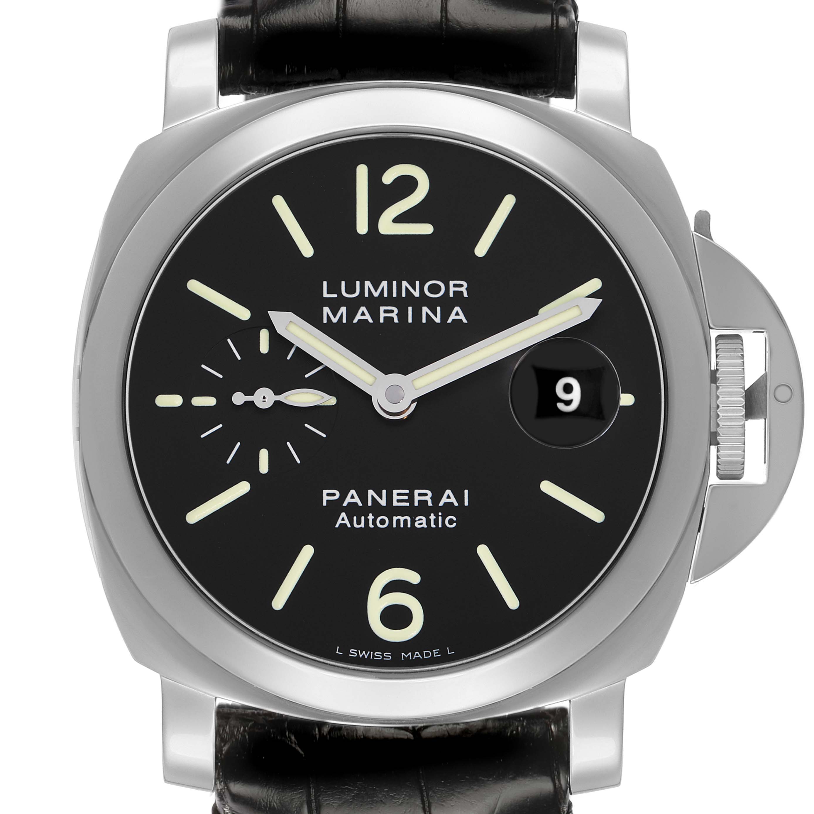 The image shows a Luminor model by Panerai from a front angle, highlighting the dial, hands, date window, and crown guard.
