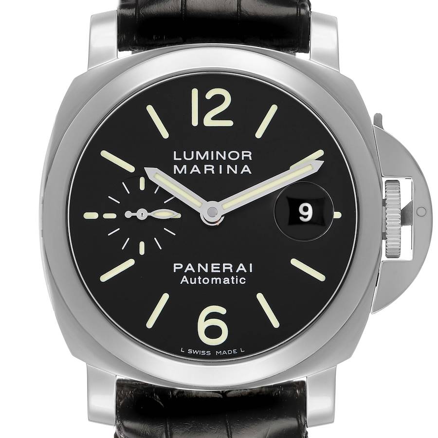 The image shows a Luminor model by Panerai from a front angle, highlighting the dial, hands, date window, and crown guard.