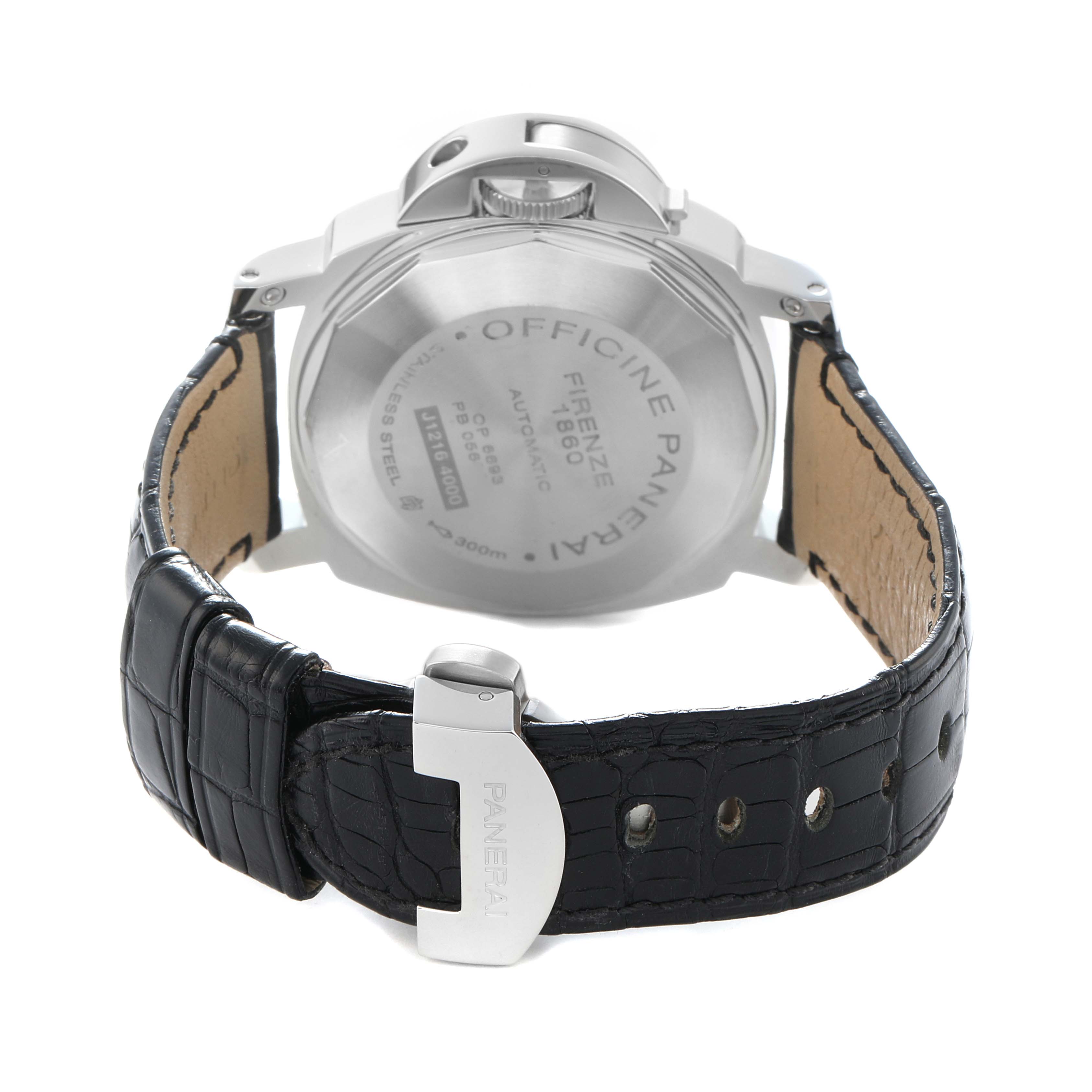 The image shows the back view of a Panerai Luminor PAM00104 Men
s Stainless Steel Black Dial watch, highlighting the case back and leather strap with a buckle.