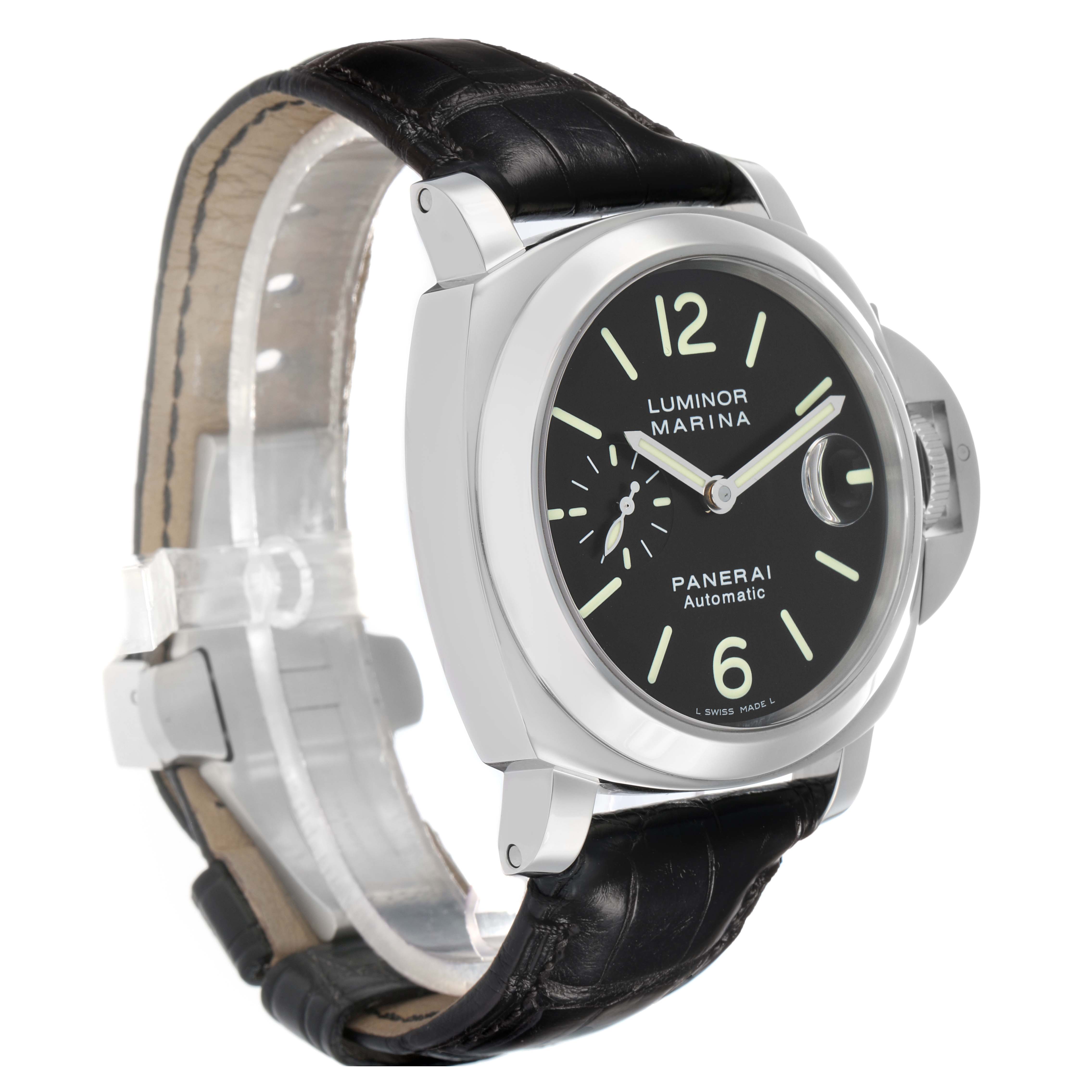 The image shows a Panerai Luminor PAM00104 Men
s Stainless Steel Black Dial watch from a front angle, highlighting the face, strap, and crown guard.