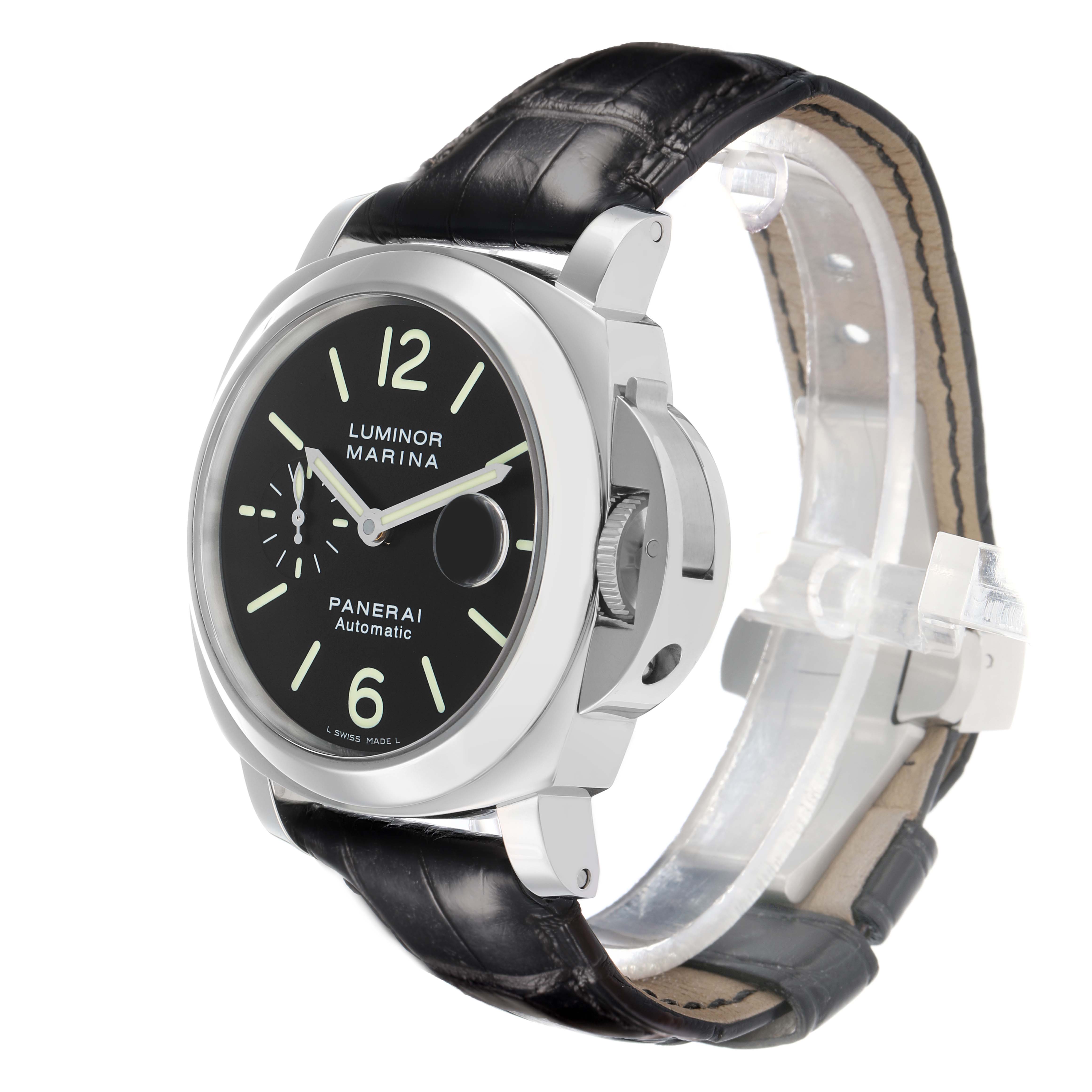 The Panerai Luminor PAM00104 Men
s Stainless Steel Black Dial watch is shown at a three-quarter angle, highlighting the face, crown guard, and black leather strap.