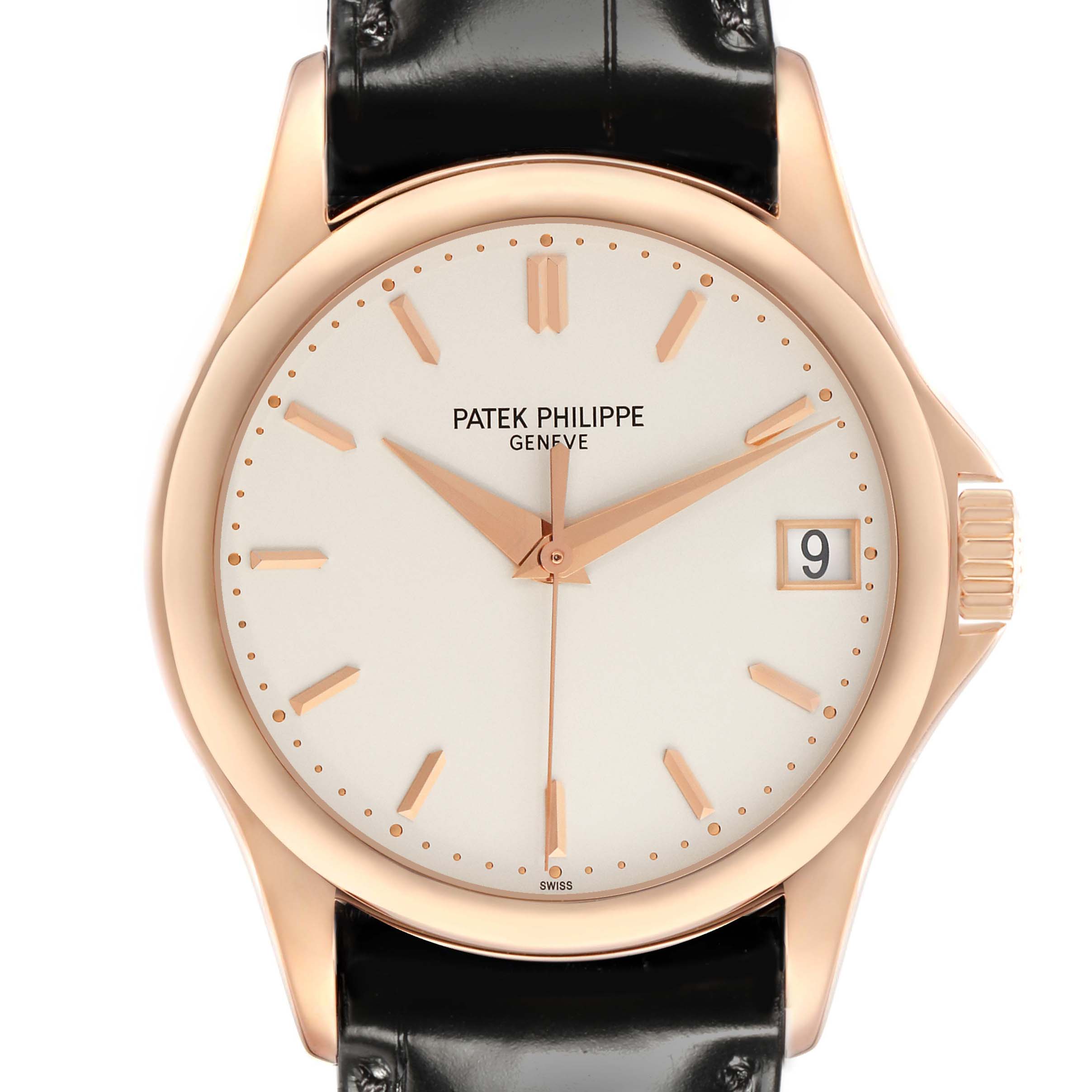 The Patek Philippe Calatrava 5127R Men
s Rose Gold Silver Dial watch is shown from the front, displaying the dial, hands, indices, and date window.