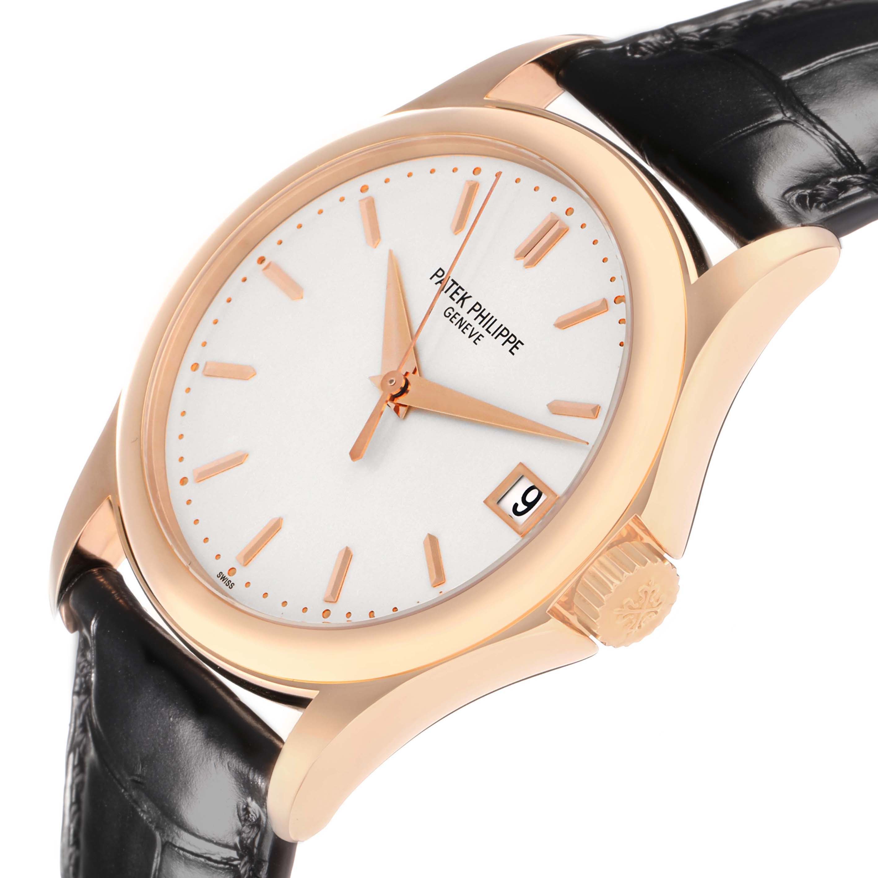 The Patek Philippe Calatrava 5127R Men
s Rose Gold Silver Dial watch is shown at an angle highlighting the face, crown, and part of the strap.