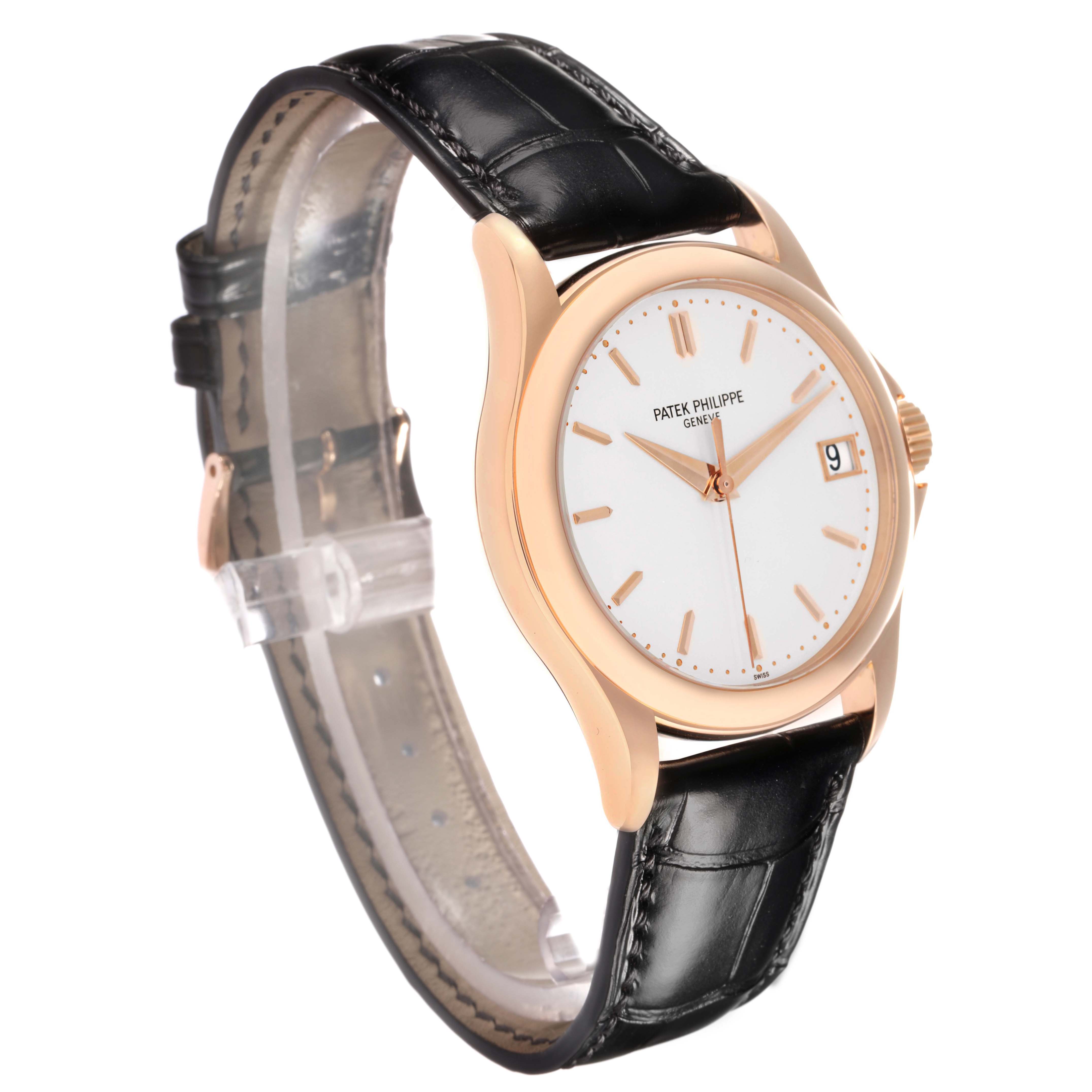 The Patek Philippe Calatrava 5127R Men
s Rose Gold Silver Dial watch is shown at a three-quarter angle, highlighting the face, case, and black leather strap.