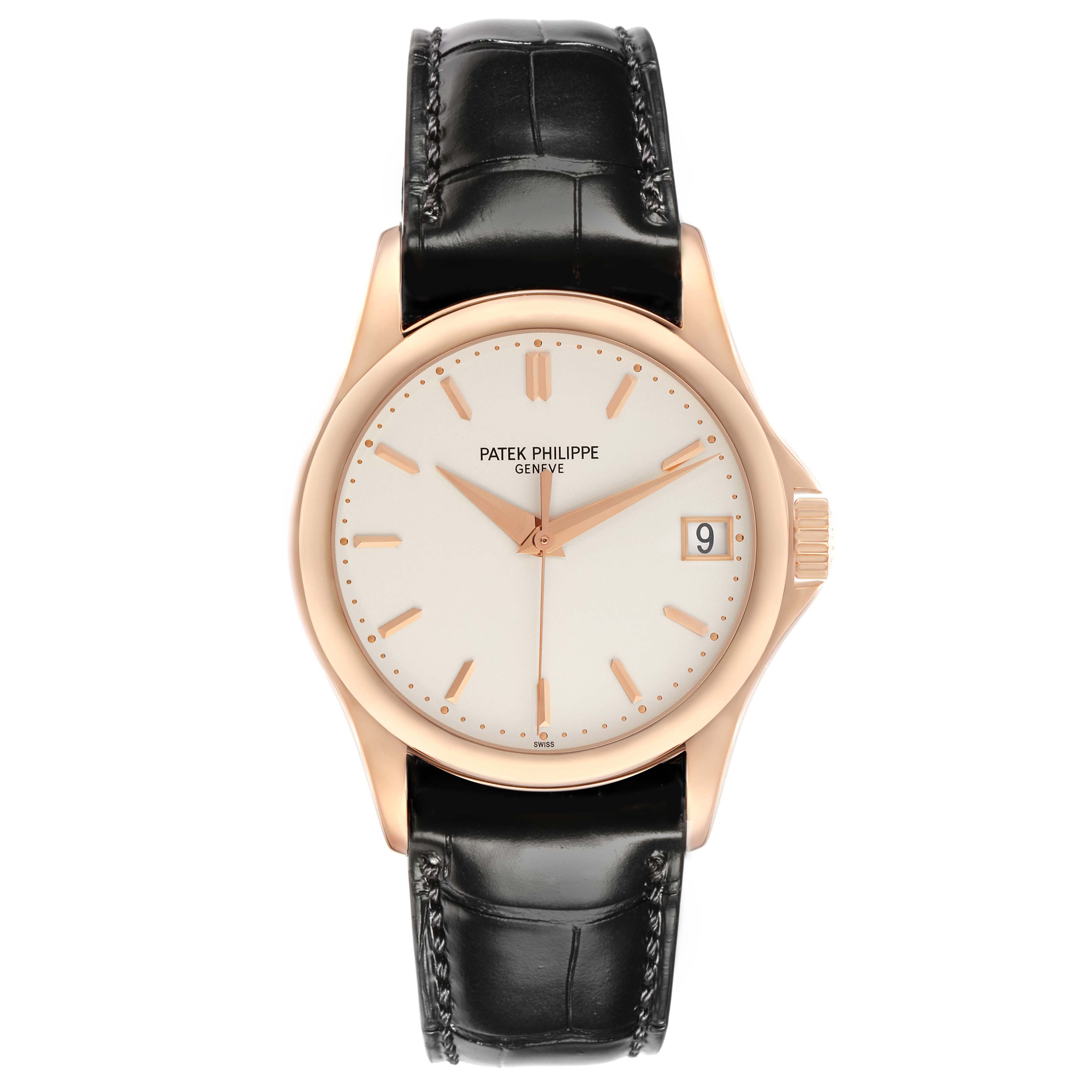The image shows a front view of a Patek Philippe Calatrava 5127R Men
s Rose Gold Silver Dial watch, displaying the dial, hands, crown, and black leather strap.