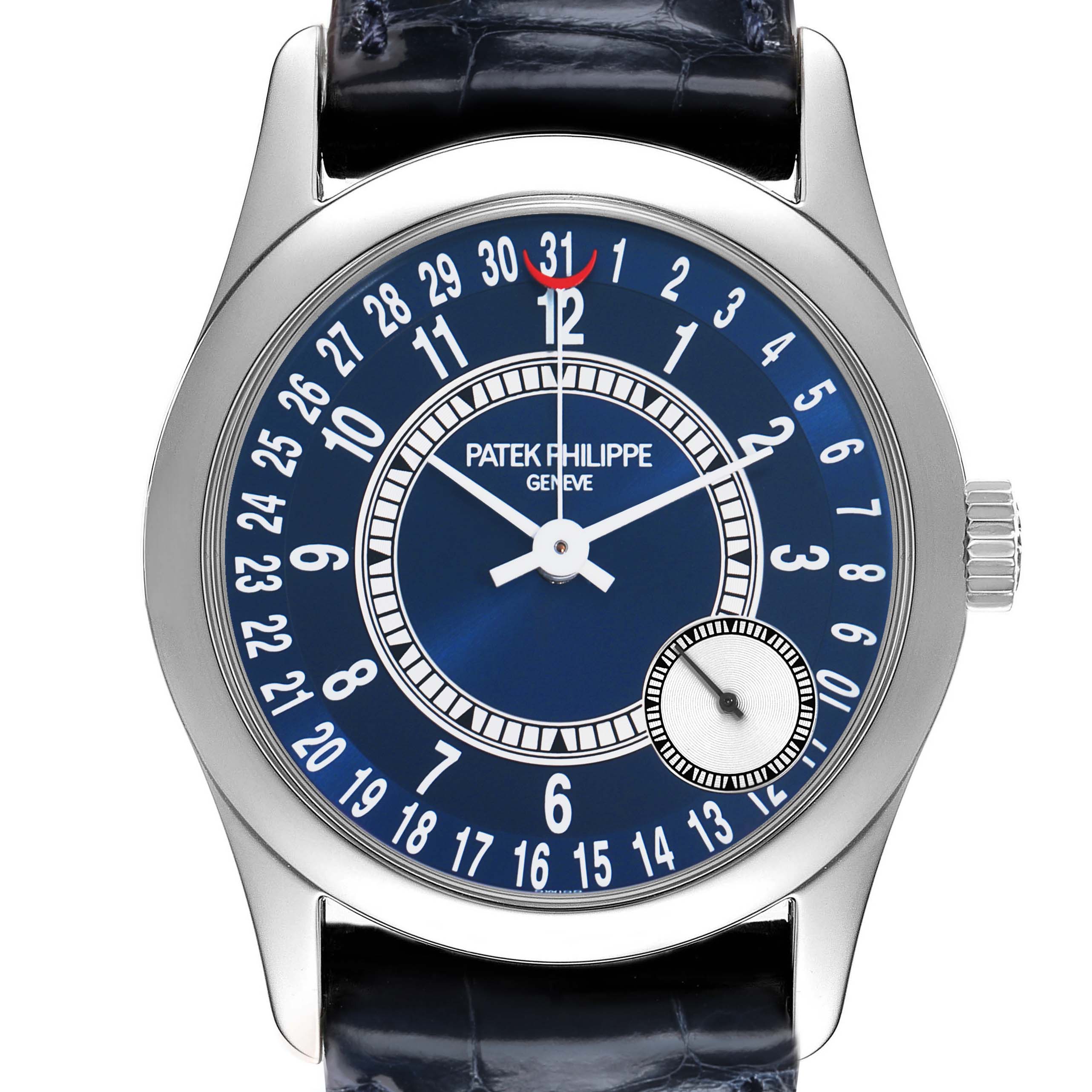 The Patek Philippe Calatrava 6000G Men
s White Gold Blue Dial model is shown from the front, highlighting its dial, hands, and crown.