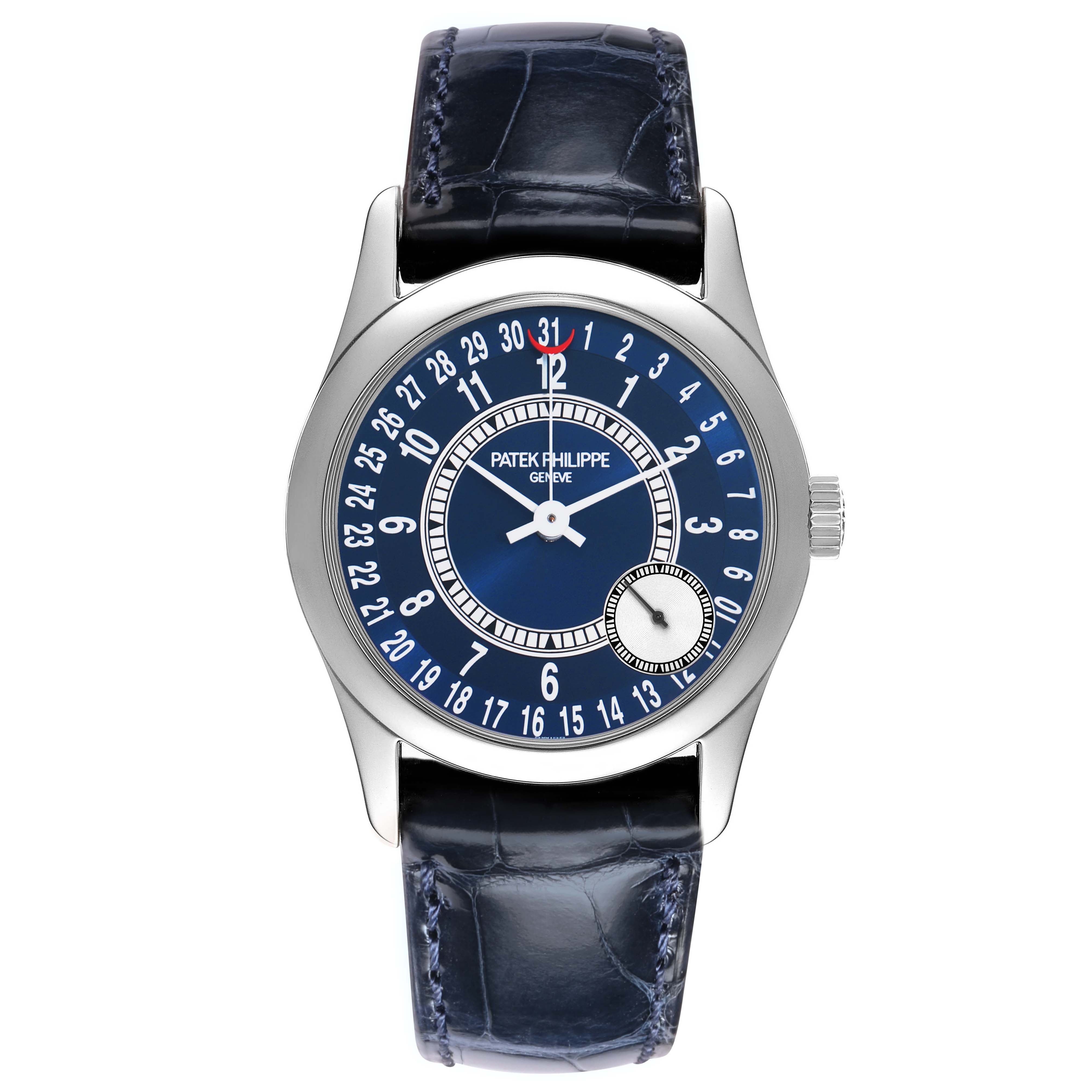 The Patek Philippe Calatrava 6000G Men
s White Gold Blue Dial watch is shown from a front angle, displaying its face, bezel, strap, and crown.