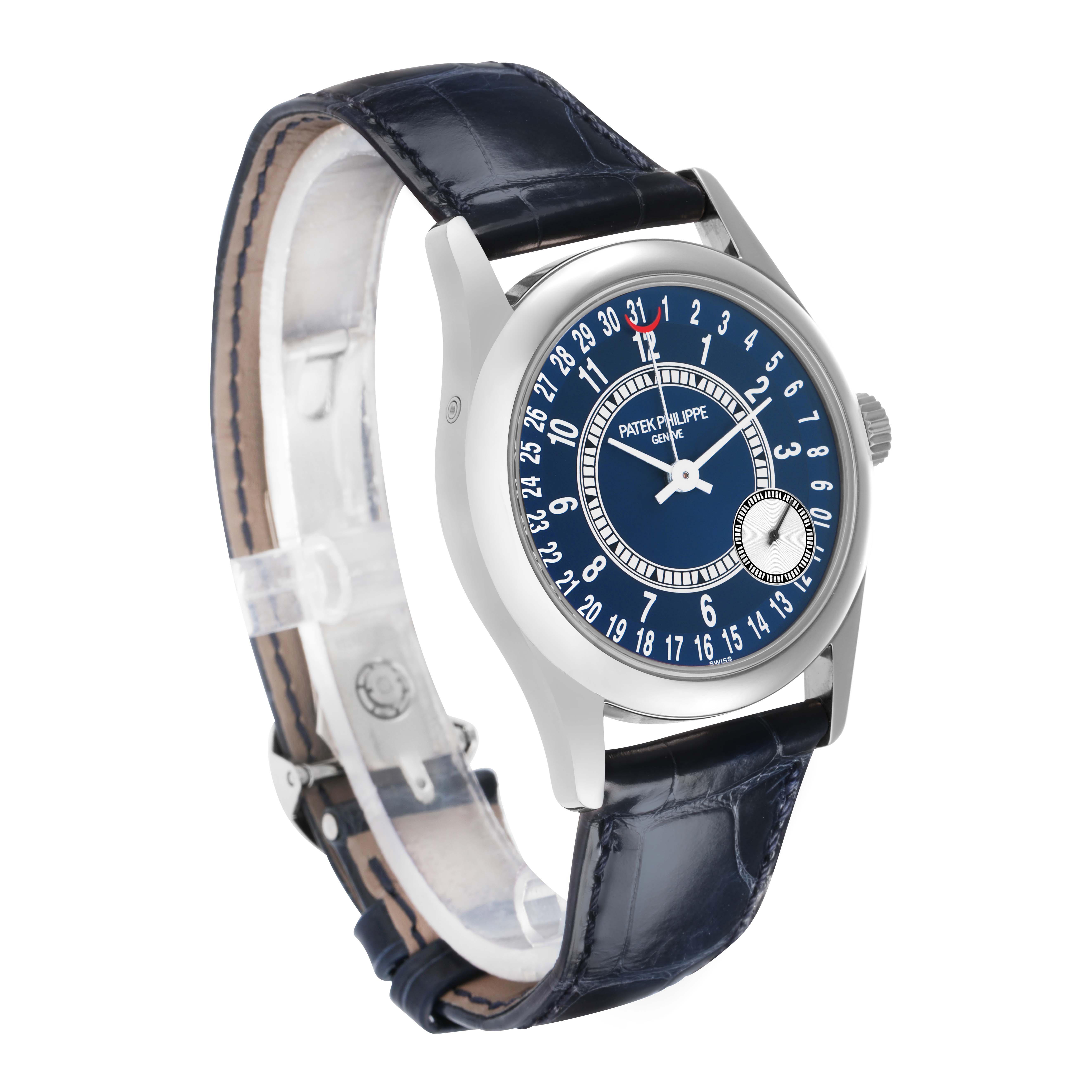 The Patek Philippe Calatrava 6000G Men
s White Gold Blue Dial watch is shown at a three-quarter angle, displaying the dial, crown, and leather strap.