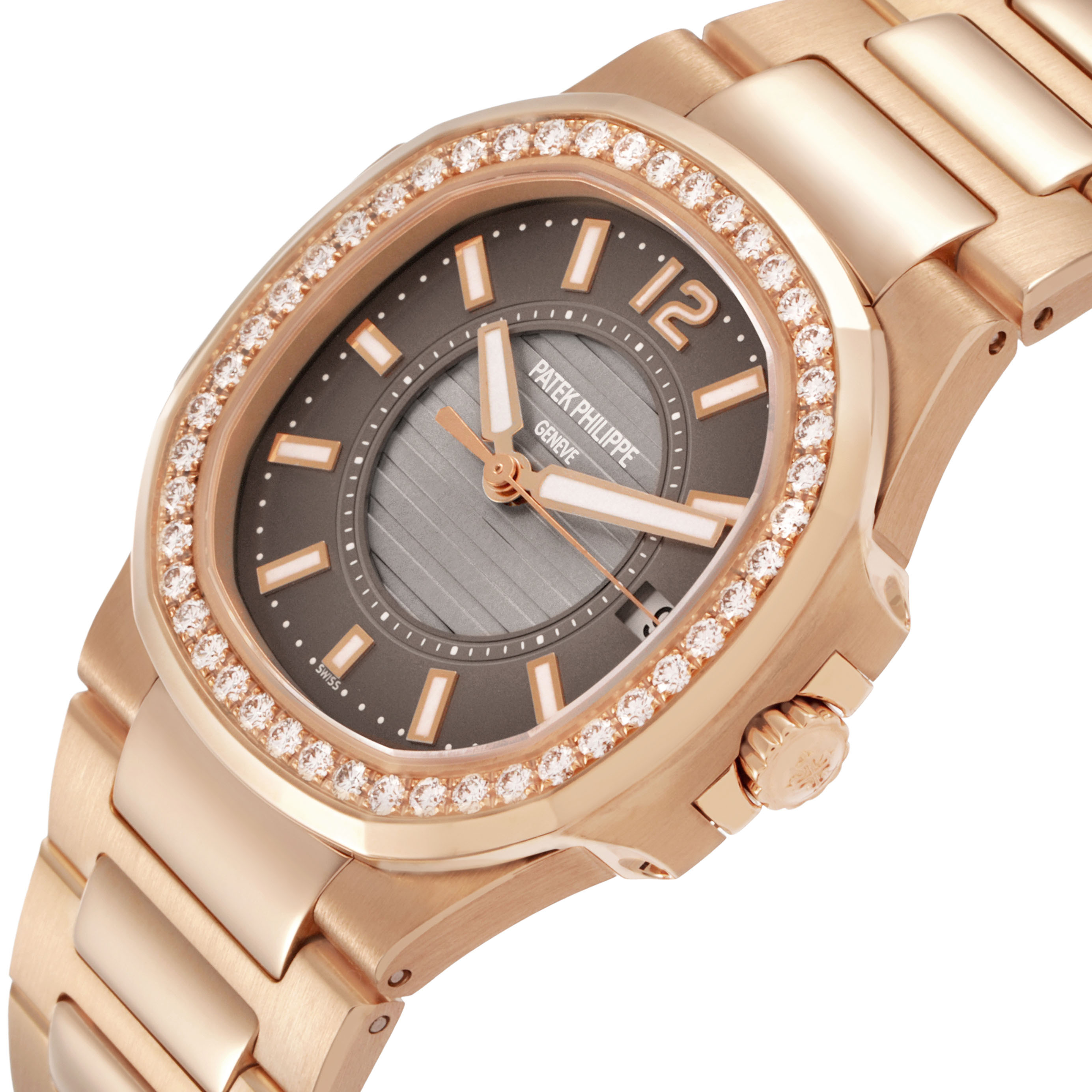 The Patek Philippe Nautilus 7010R Women's Rose Gold Brown Dial watch is shown at a tilted angle, highlighting the diamond bezel, crown, and parts of the bracelet.