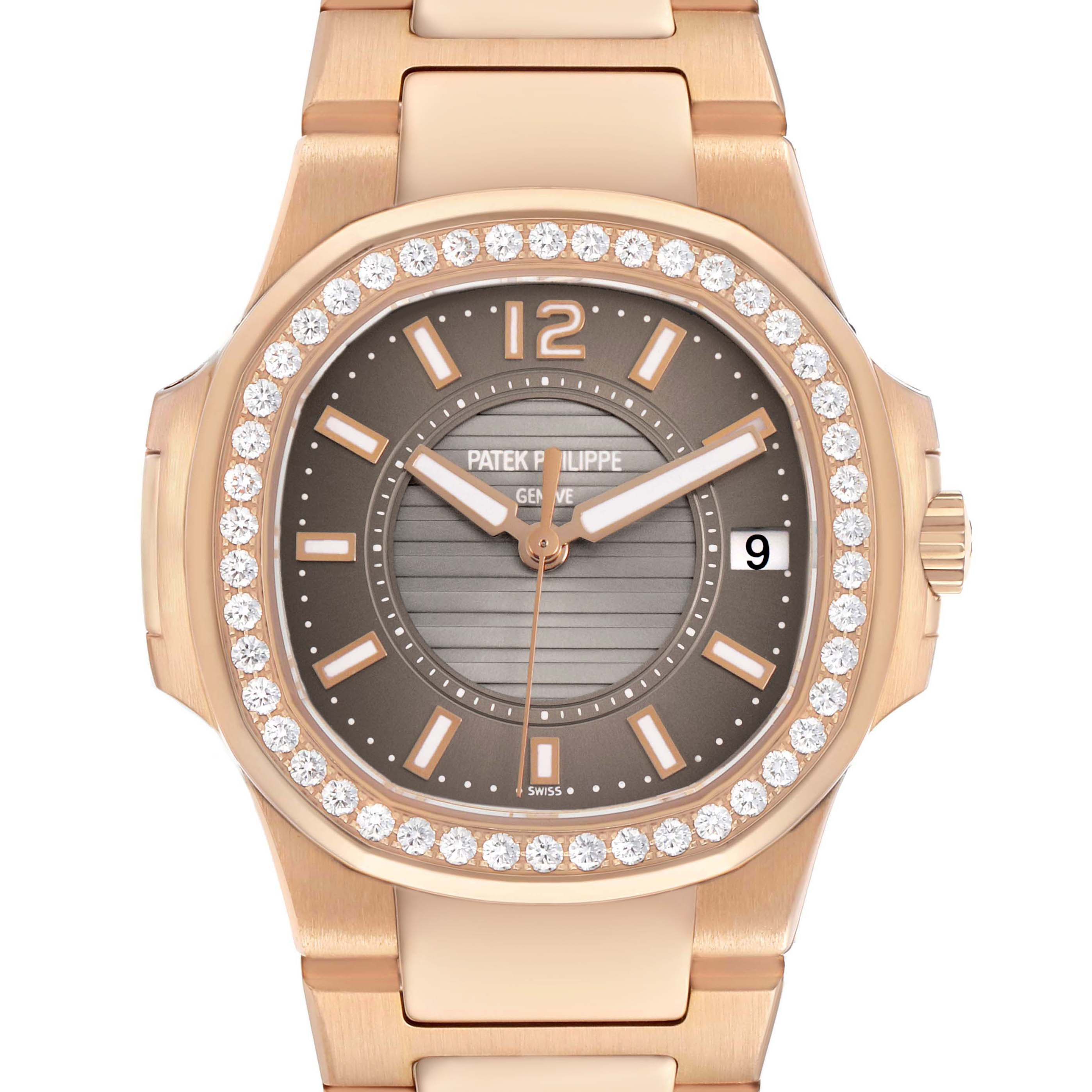 The Patek Philippe Nautilus 7010R Women's Rose Gold Brown Dial watch is shown from a frontal angle, highlighting its diamond bezel and brown dial.