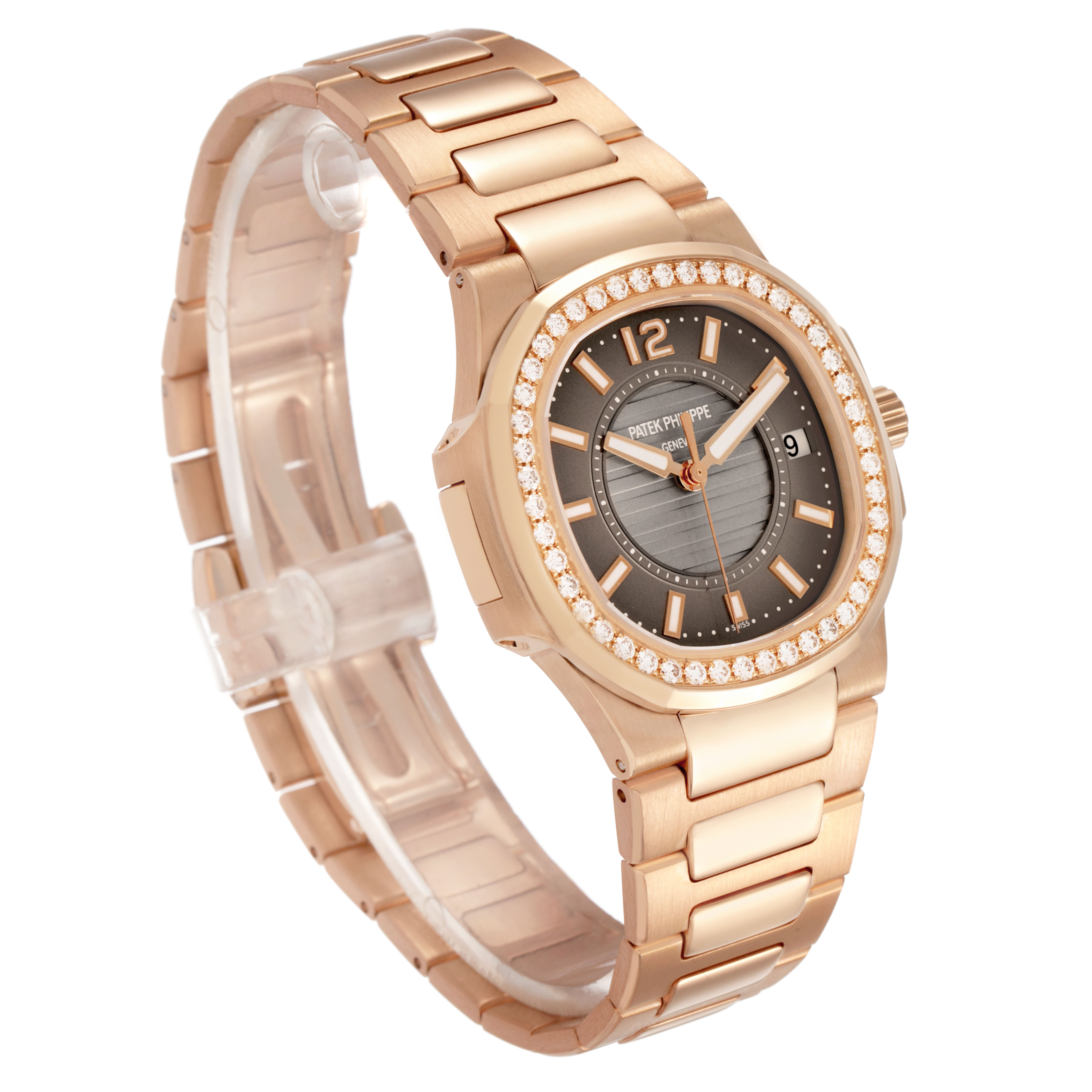 The Patek Philippe Nautilus 7010R Women's Rose Gold Brown Dial watch is shown at a three-quarter angle, highlighting its bracelet, bezel, and dial.
