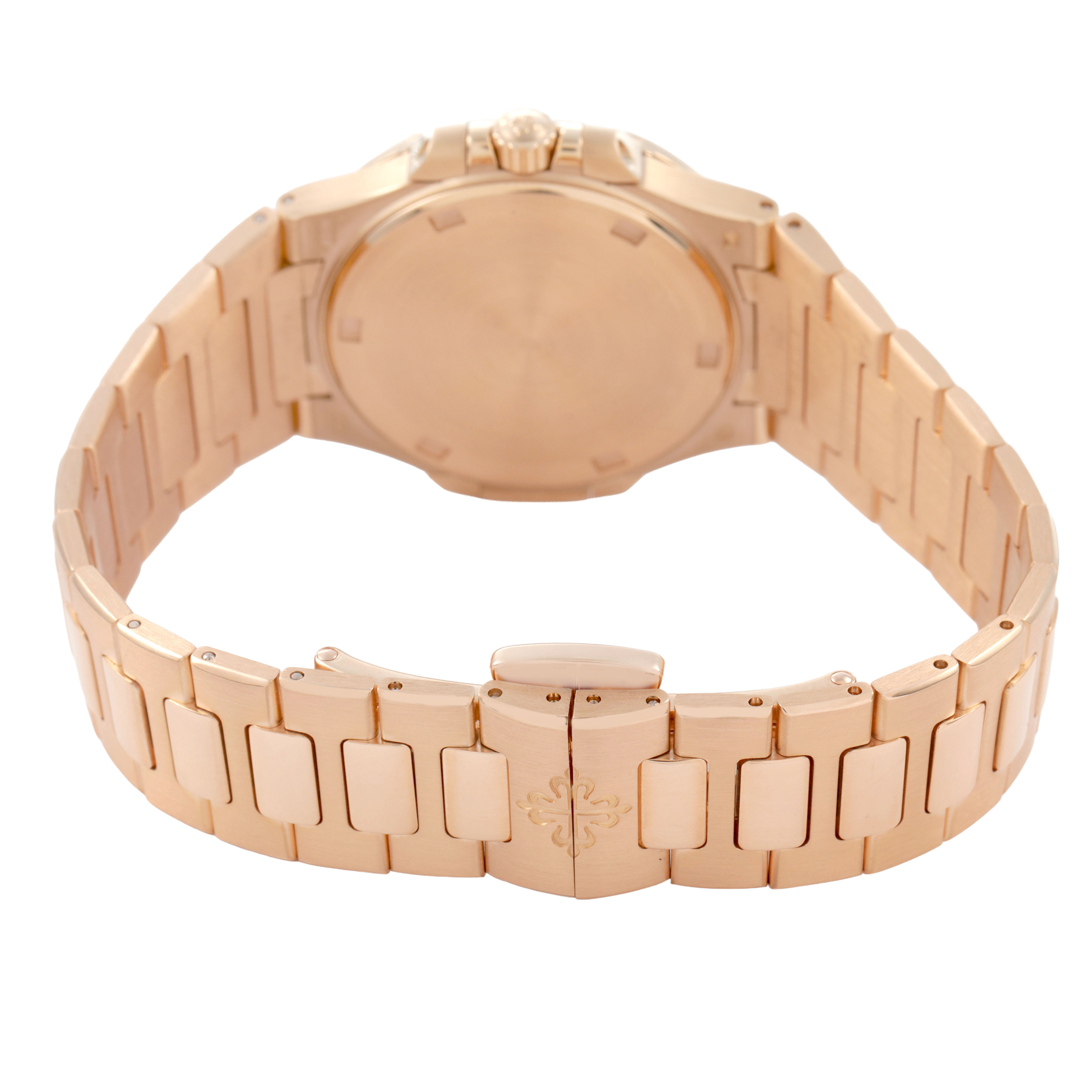 The image shows the back and clasp of the Patek Philippe Nautilus 7010R Women's Rose Gold Brown Dial watch, highlighting its rose gold bracelet.