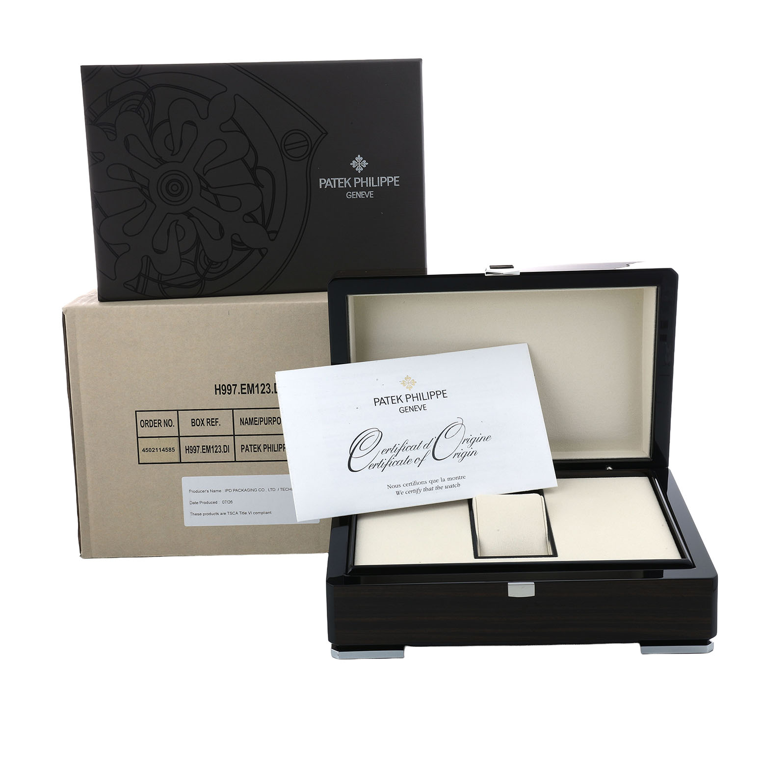The image shows the Patek Philippe Nautilus 7010R Women's Rose Gold Brown Dial packaging, including a wooden box, an outer cardboard box, and a certificate.