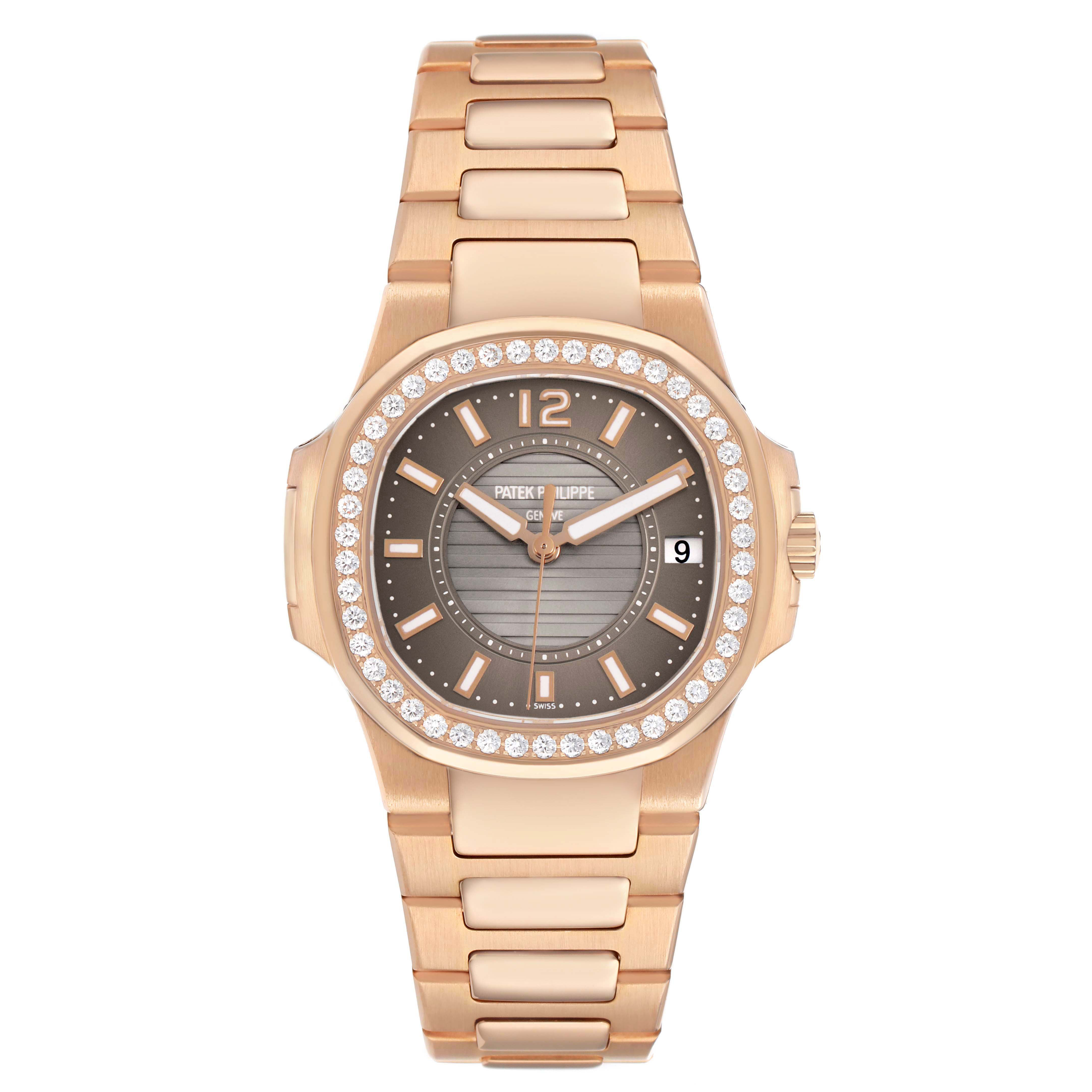 The Patek Philippe Nautilus 7010R Women's Rose Gold Brown Dial watch is shown from a front view, highlighting the face, bezel, and bracelet.