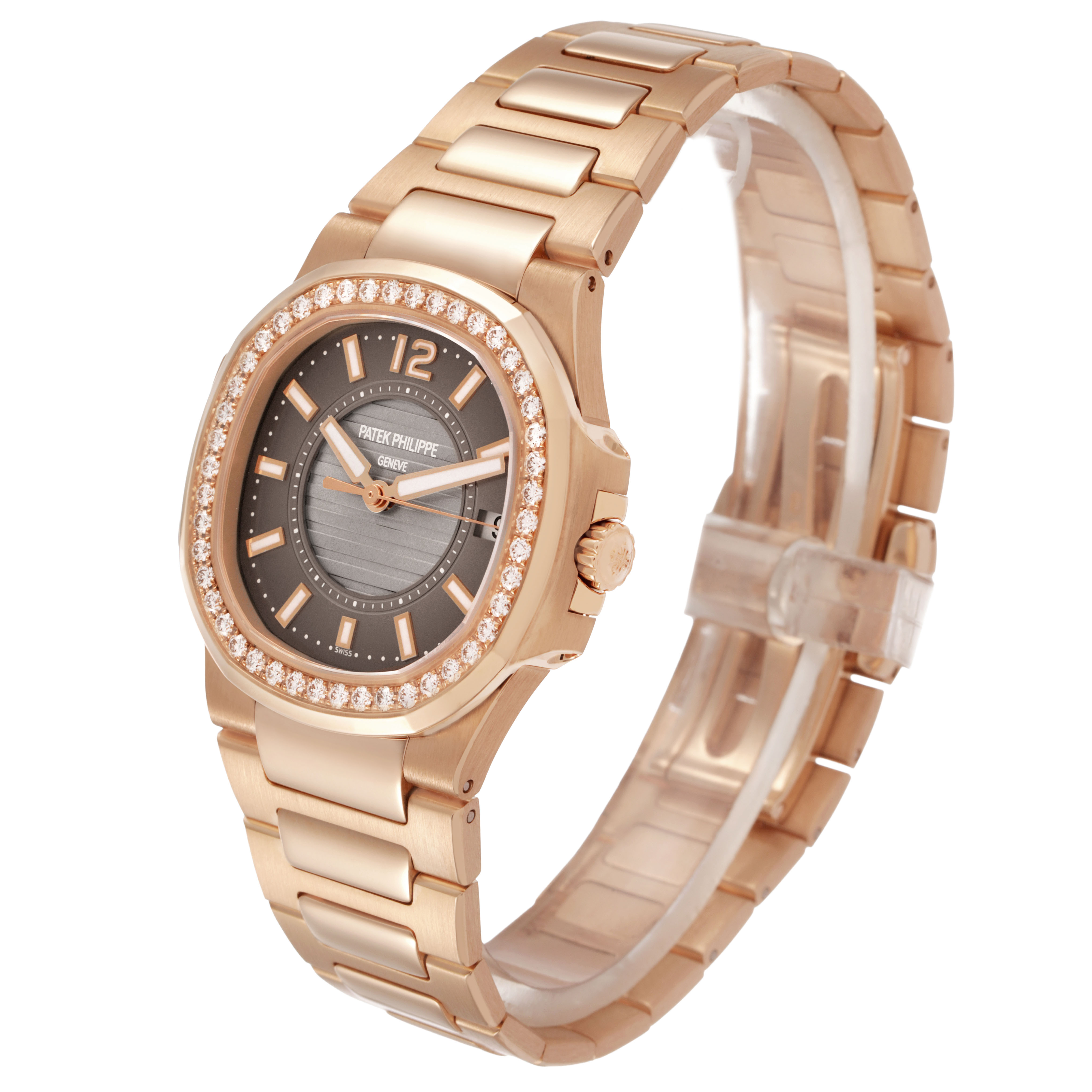 The Patek Philippe Nautilus 7010R Women's Rose Gold Brown Dial watch is shown at a three-quarter angle, highlighting its bracelet, case, and bezel.