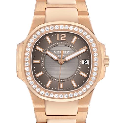 The Patek Philippe Nautilus 7010R Women's Rose Gold Brown Dial watch is shown from a top view, highlighting the diamond-set bezel, dial, and part of the bracelet.