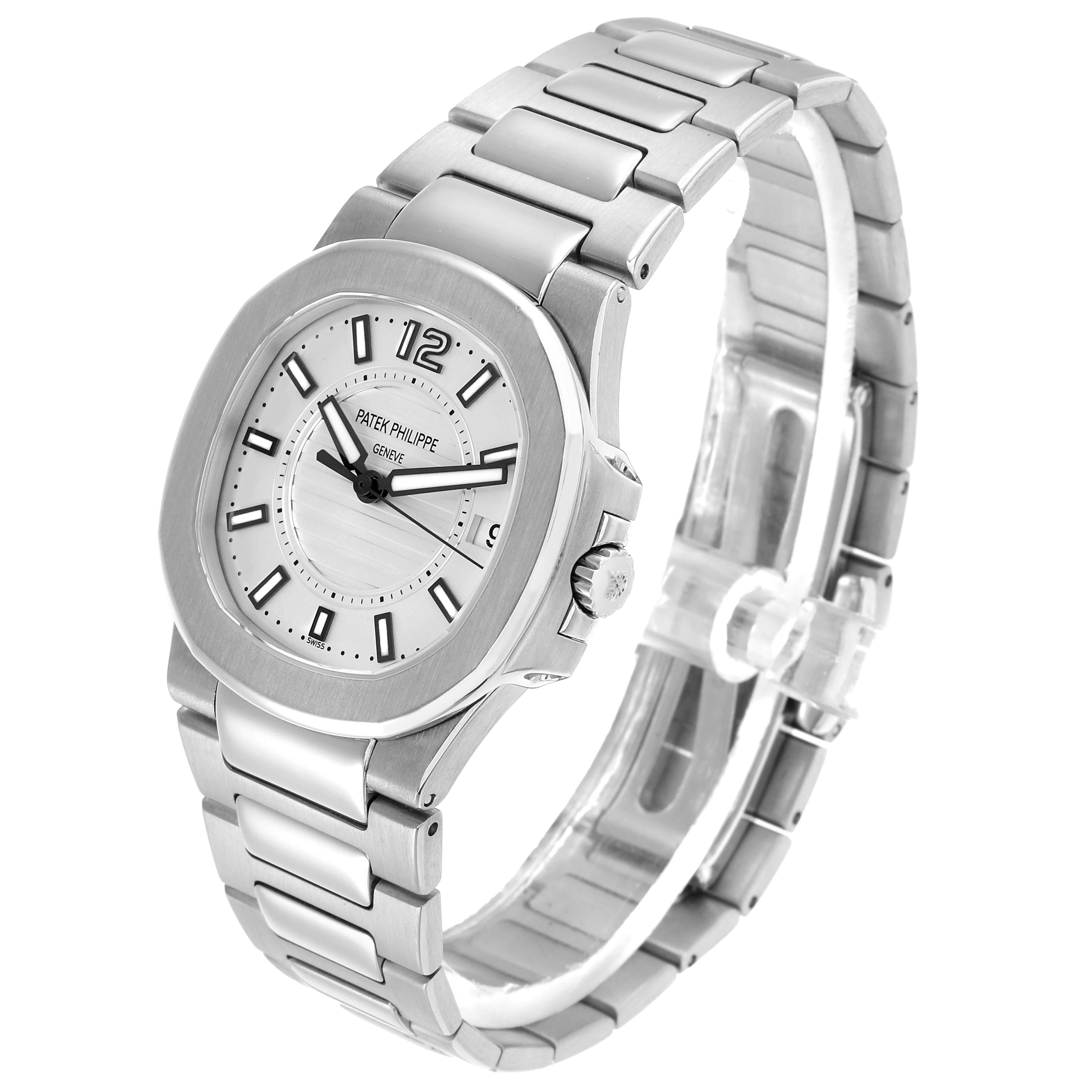 The Patek Philippe Nautilus 7011G Women
s White Gold Silver Dial watch is shown at a three-quarter angle, displaying the face, bezel, bracelet, and crown.