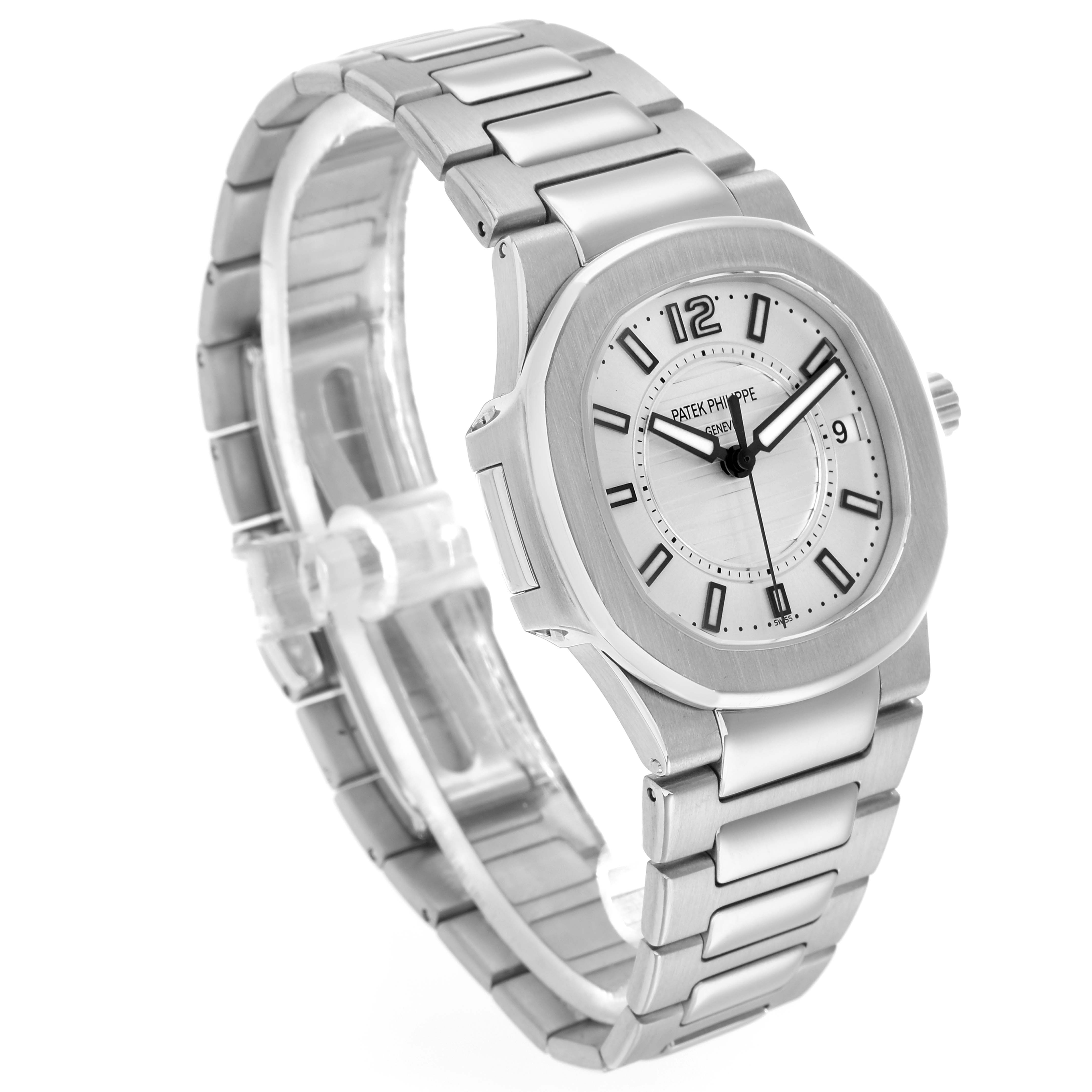 The Patek Philippe Nautilus 7011G Women
s White Gold Silver Dial watch is shown at a three-quarter angle, highlighting its face, bezel, crown, and bracelet.