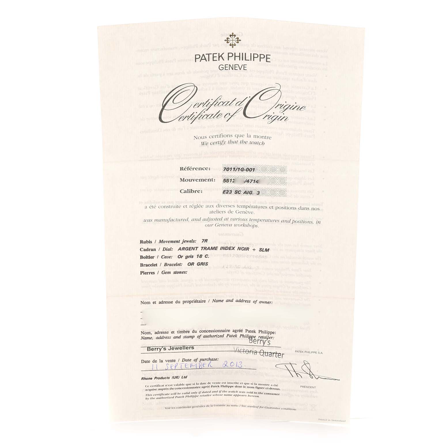 The image shows a "Certificate of Origin" for a Patek Philippe Nautilus 7011G Women
s White Gold Silver Dial watch, displaying details like the model and movement.