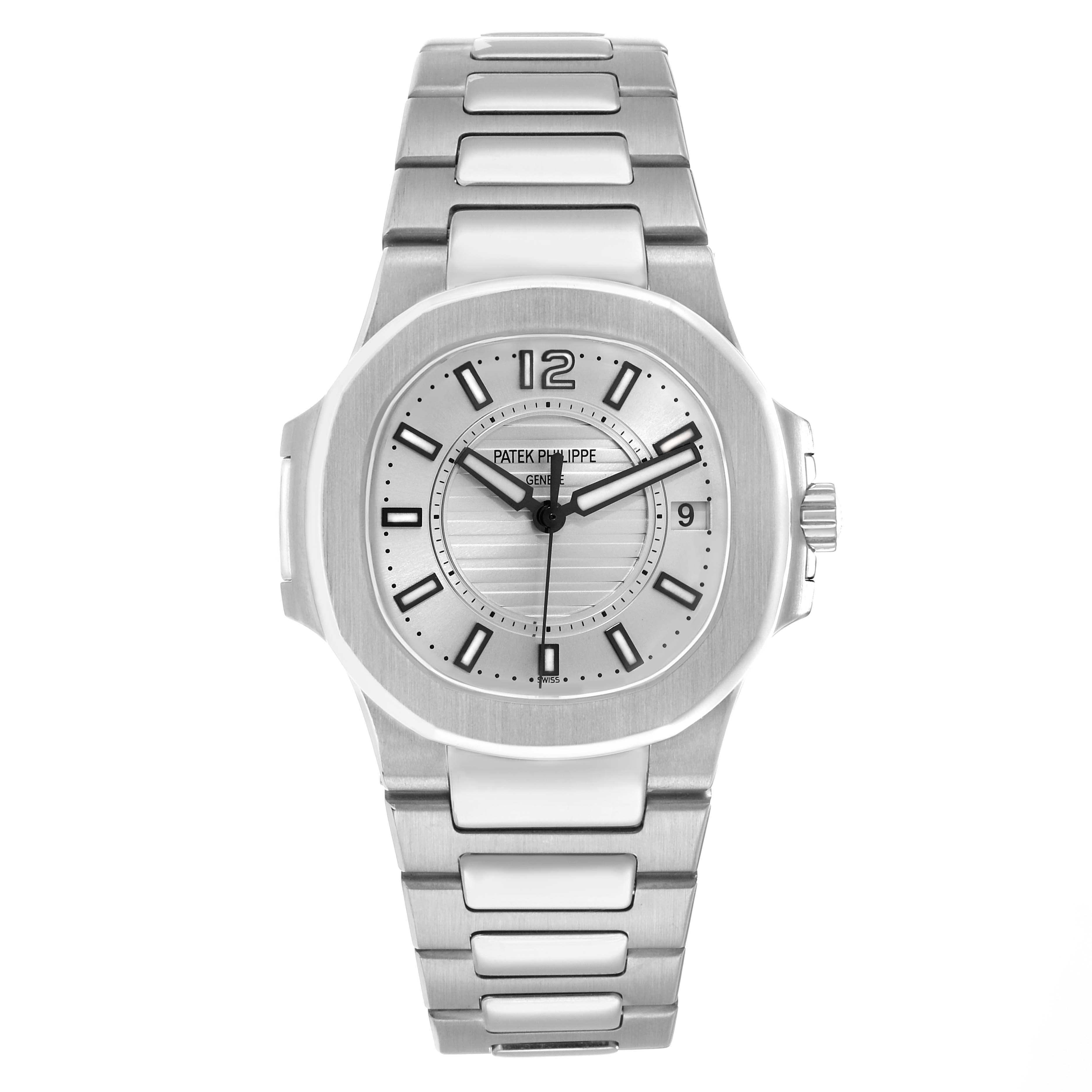 The Patek Philippe Nautilus 7011G Women
s White Gold Silver Dial watch is shown from a front angle, displaying the face, bezel, bracelet, and crown.