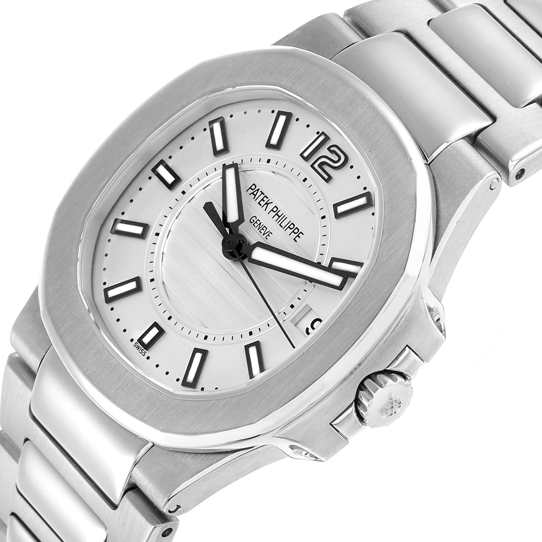 The image shows a side angle of a Patek Philippe Nautilus 7011G Women
s White Gold Silver Dial watch, highlighting its stainless steel case, crown, and bracelet.