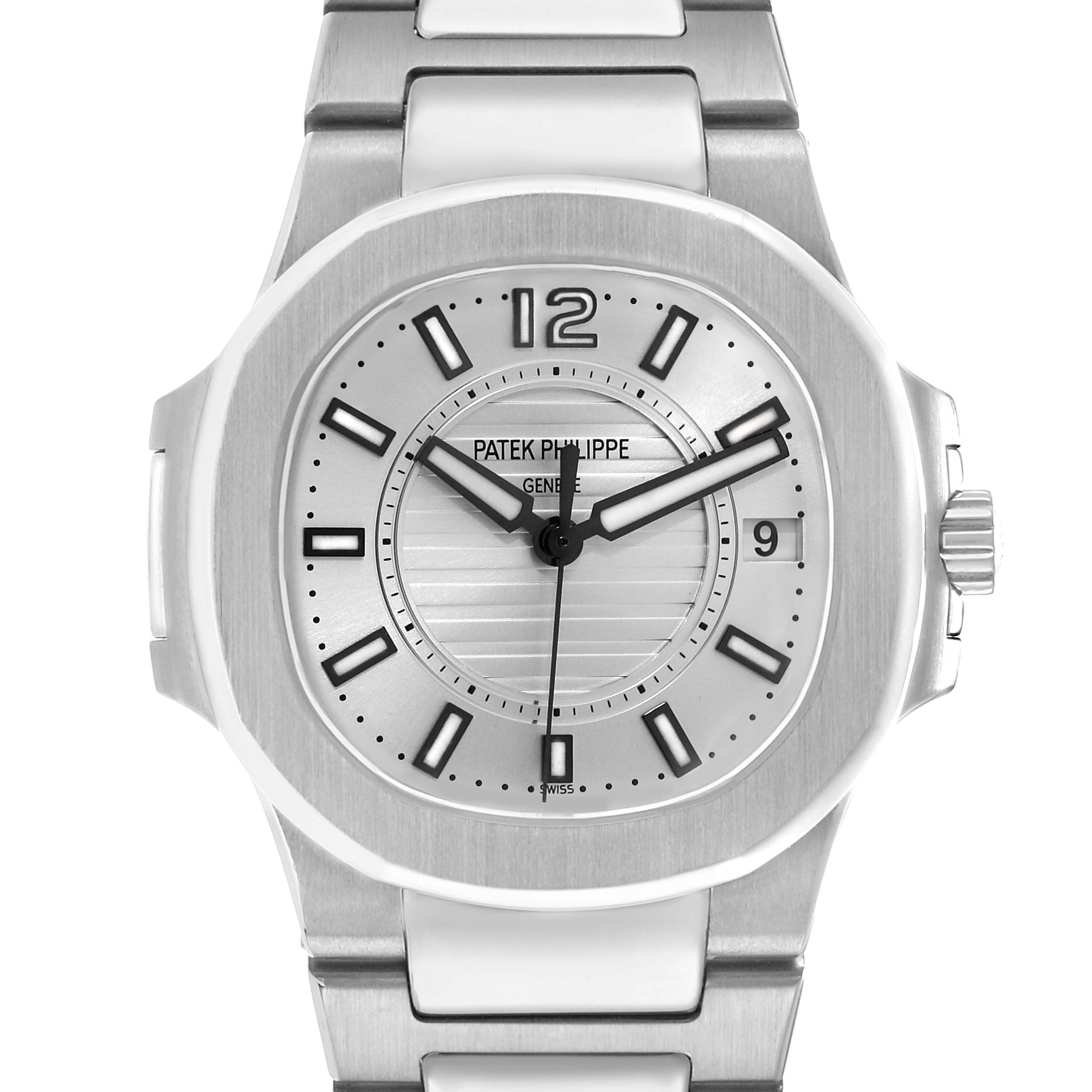 The image shows a frontal view of the Patek Philippe Nautilus 7011G Women
s White Gold Silver Dial watch, displaying the dial, bezel, and part of the bracelet.